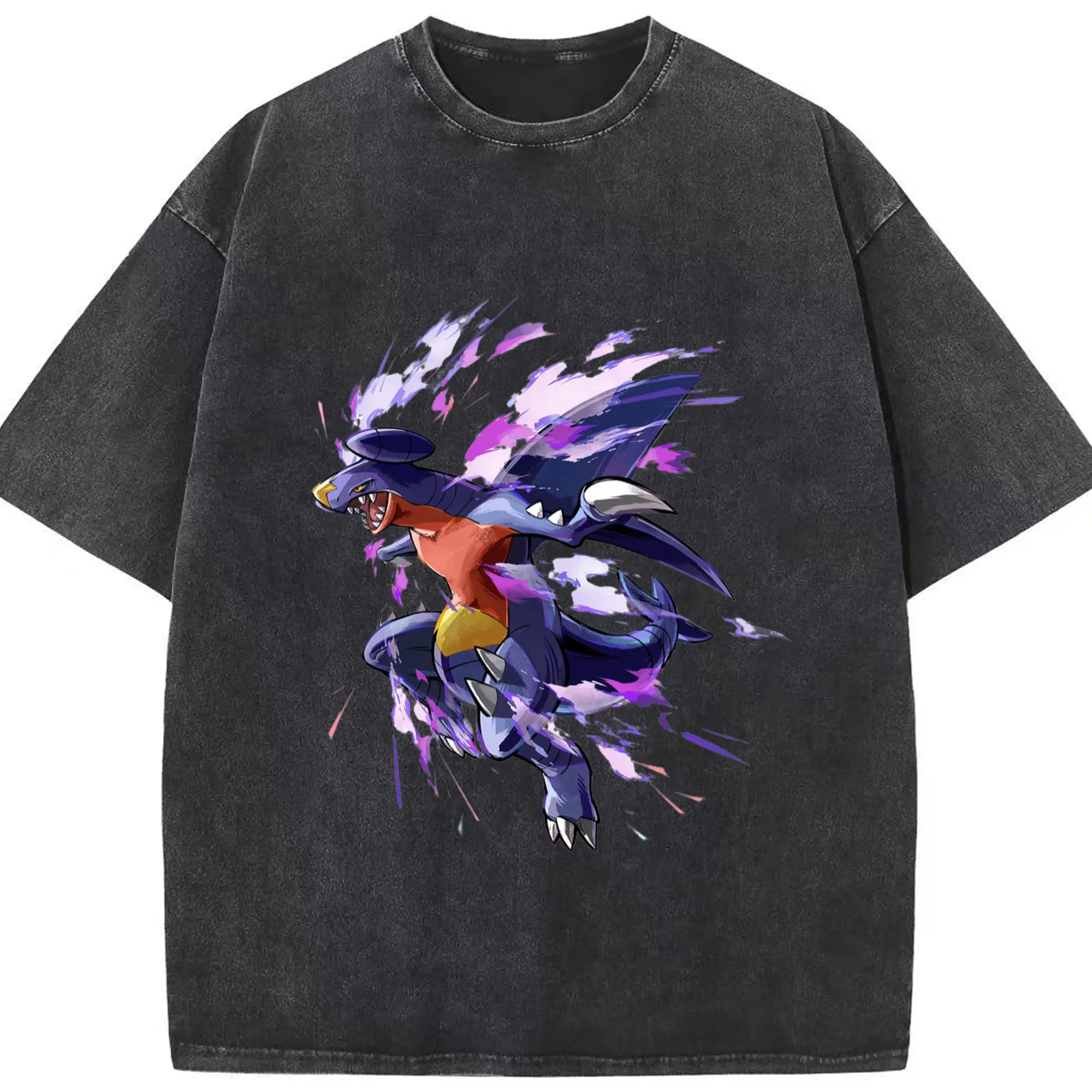 Men's Garchomp art graphic t shirt​ - Washed Vintage Look 230g Cotton Oversized T-Shirt With Front Heat Transfer Print – Soft, Lightweight, Stylish Fit – Comfortable Casual Wear For Sports & Everyday Use