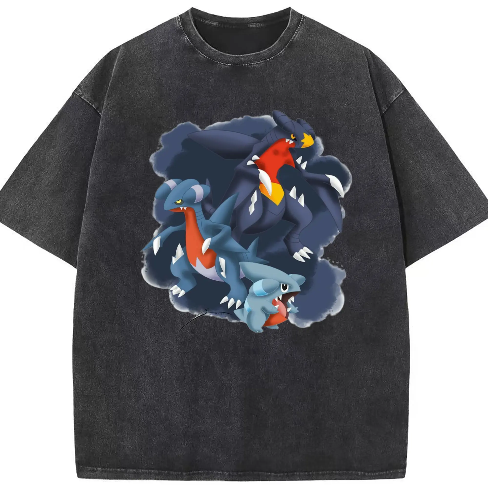 Men's Garchomp graphic t shirt​ - Washed Vintage Look 230g Cotton Oversized T-Shirt With Front Heat Transfer Print – Soft, Lightweight, Stylish Fit – Comfortable Casual Wear For Sports & Everyday Use