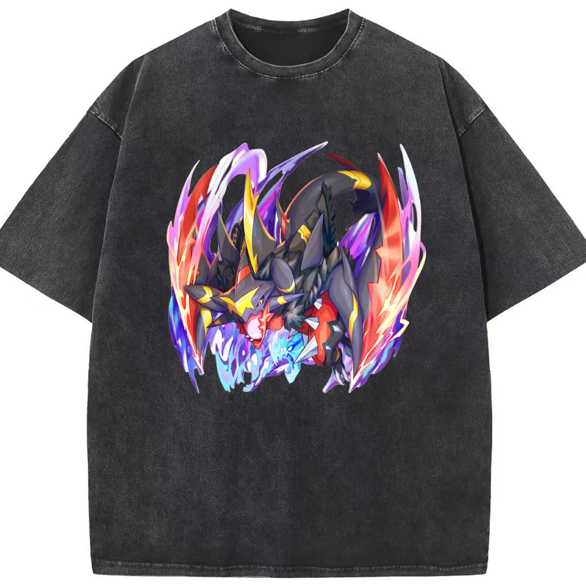 Pokemon Garchomp t shirt - Washed Vintage Look 230g Cotton Oversized T-Shirt With Front Heat Transfer Print – Soft, Lightweight, Stylish Fit – Comfortable Casual Wear For Sports & Everyday Use