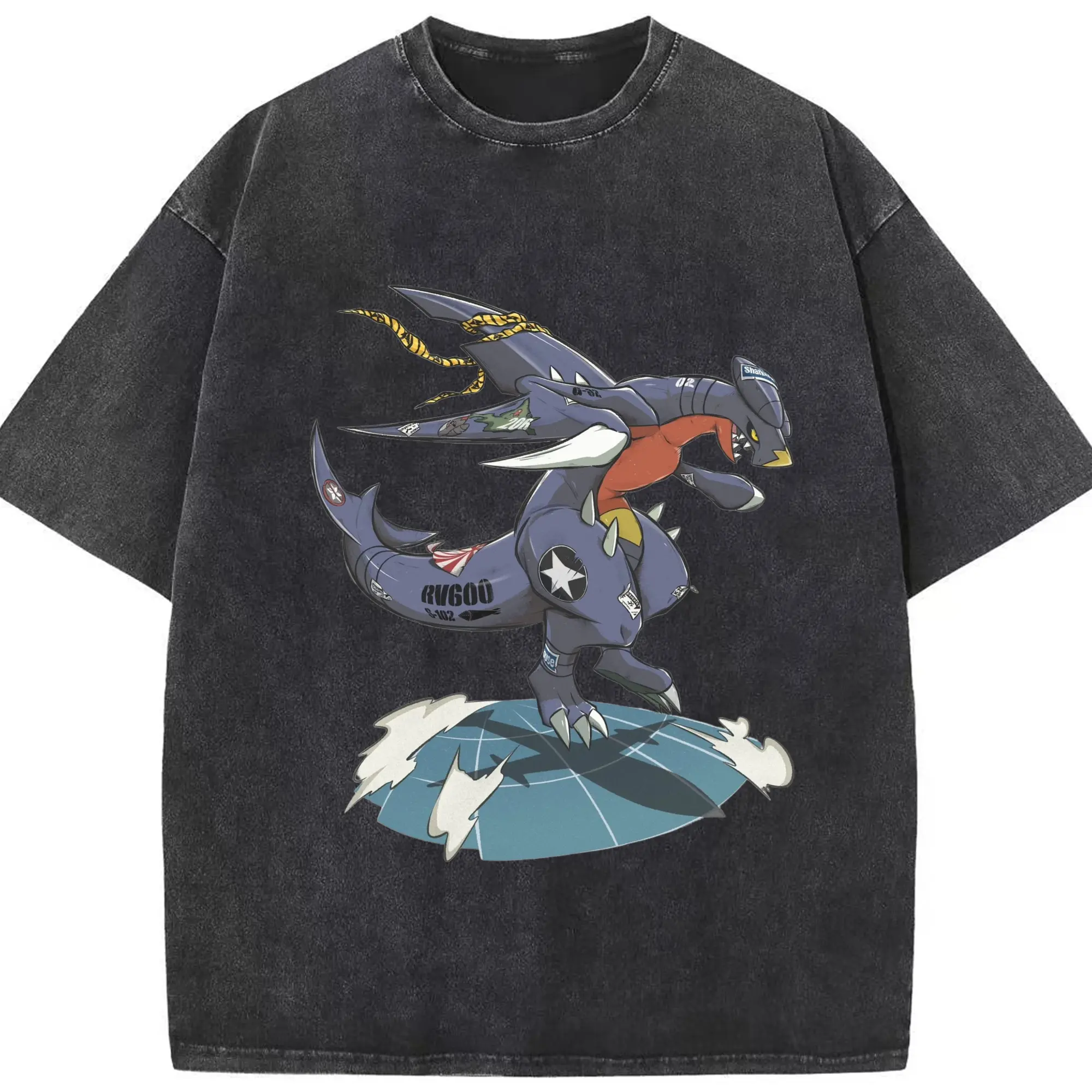 Vintage Garchomp tee - Washed Vintage Look 230g Cotton Oversized T-Shirt With Front Heat Transfer Print – Soft, Lightweight, Stylish Fit – Comfortable Casual Wear For Sports & Everyday Use