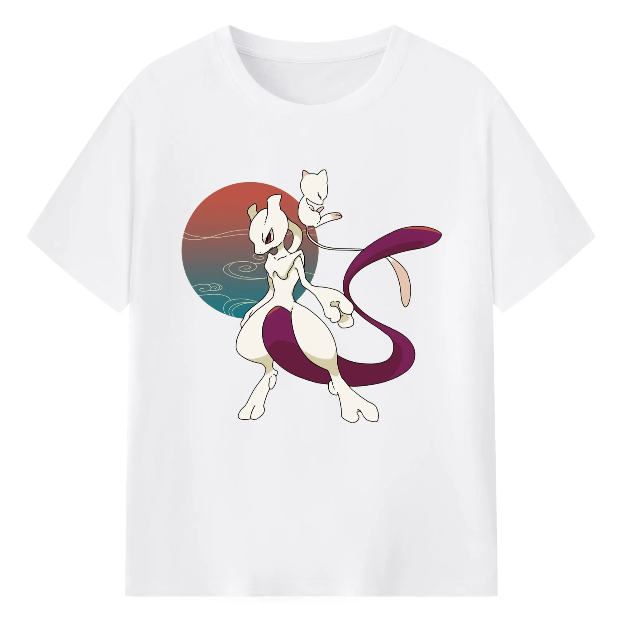 Mewtwo and mew graphic t shirt​ - 180g Cotton T-Shirt With Front Heat Transfer Print – Soft, Lightweight, Fitted Design – Comfortable Casual Wear For Sports & Everyday Use