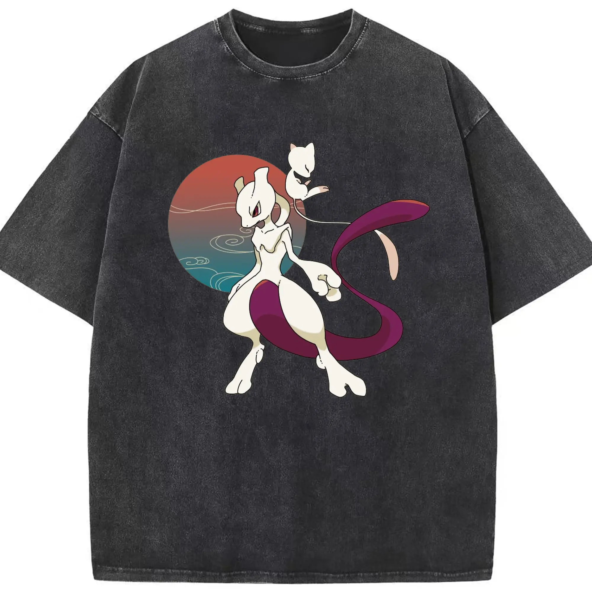Mewtwo and mew graphic t shirt​ - Washed Vintage Look 230g Cotton Oversized T-Shirt With Front Heat Transfer Print – Soft, Lightweight, Stylish Fit – Comfortable Casual Wear For Sports & Everyday Use