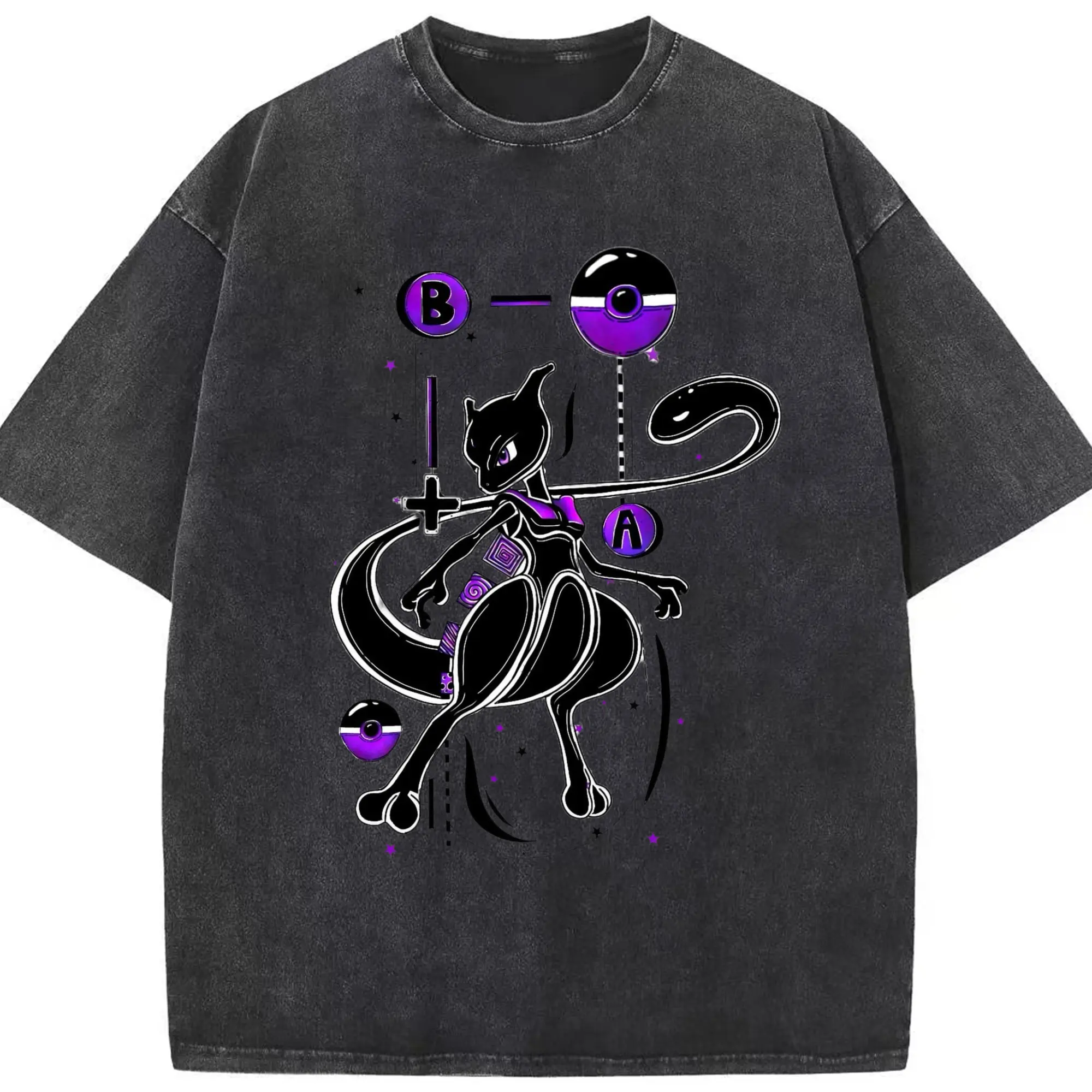 Mewtwo art graphic t shirt - Washed Vintage Look 230g Cotton Oversized T-Shirt With Front Heat Transfer Print – Soft, Lightweight, Stylish Fit – Comfortable Casual Wear For Sports & Everyday Use