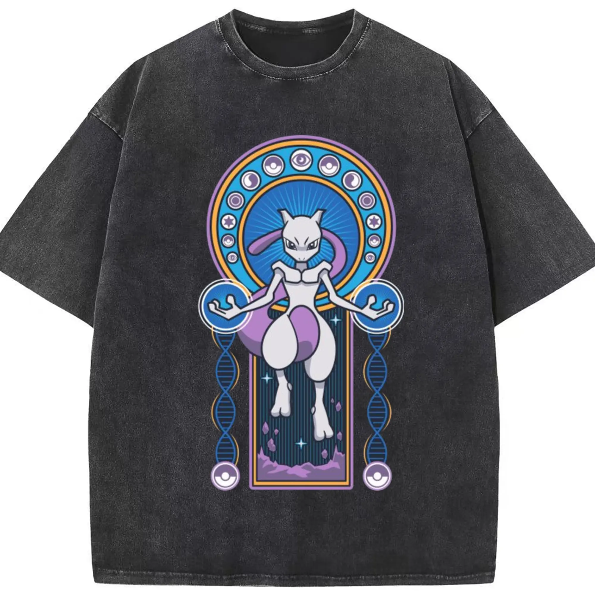 Mewtwo art t shirt - Washed Vintage Look 230g Cotton Oversized T-Shirt With Front Heat Transfer Print – Soft, Lightweight, Stylish Fit – Comfortable Casual Wear For Sports & Everyday Use