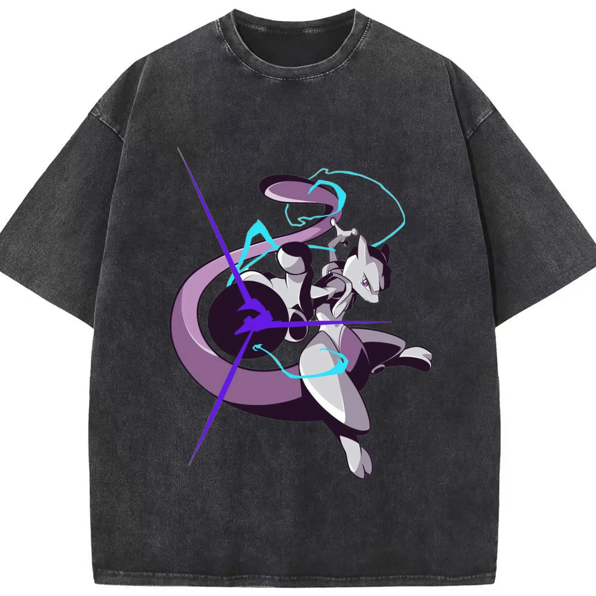 Mewtwo fusion t shirt​ - Washed Vintage Look 230g Cotton Oversized T-Shirt With Front Heat Transfer Print – Soft, Lightweight, Stylish Fit – Comfortable Casual Wear For Sports & Everyday Use
