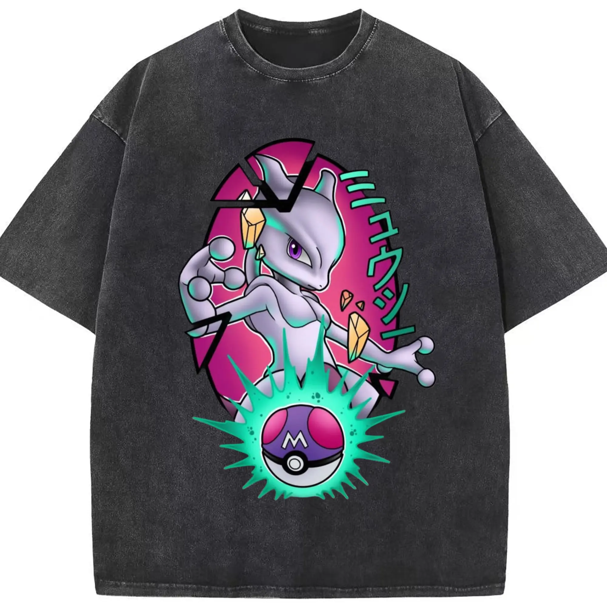Mewtwo fusion tee - Washed Vintage Look 230g Cotton Oversized T-Shirt With Front Heat Transfer Print – Soft, Lightweight, Stylish Fit – Comfortable Casual Wear For Sports & Everyday Use