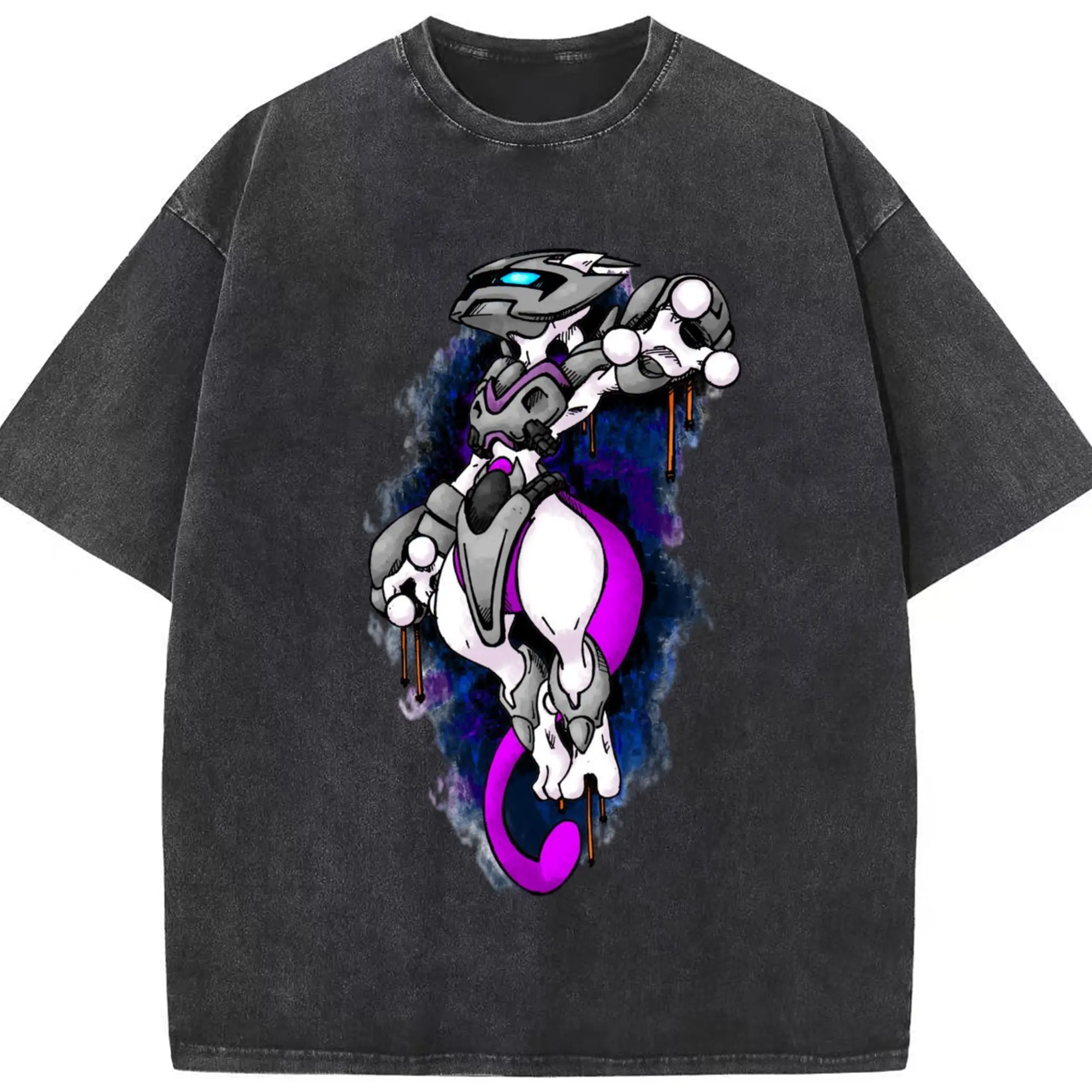 Mewtwo graphic t shirt​ - Washed Vintage Look 230g Cotton Oversized T-Shirt With Front Heat Transfer Print – Soft, Lightweight, Stylish Fit – Comfortable Casual Wear For Sports & Everyday Use