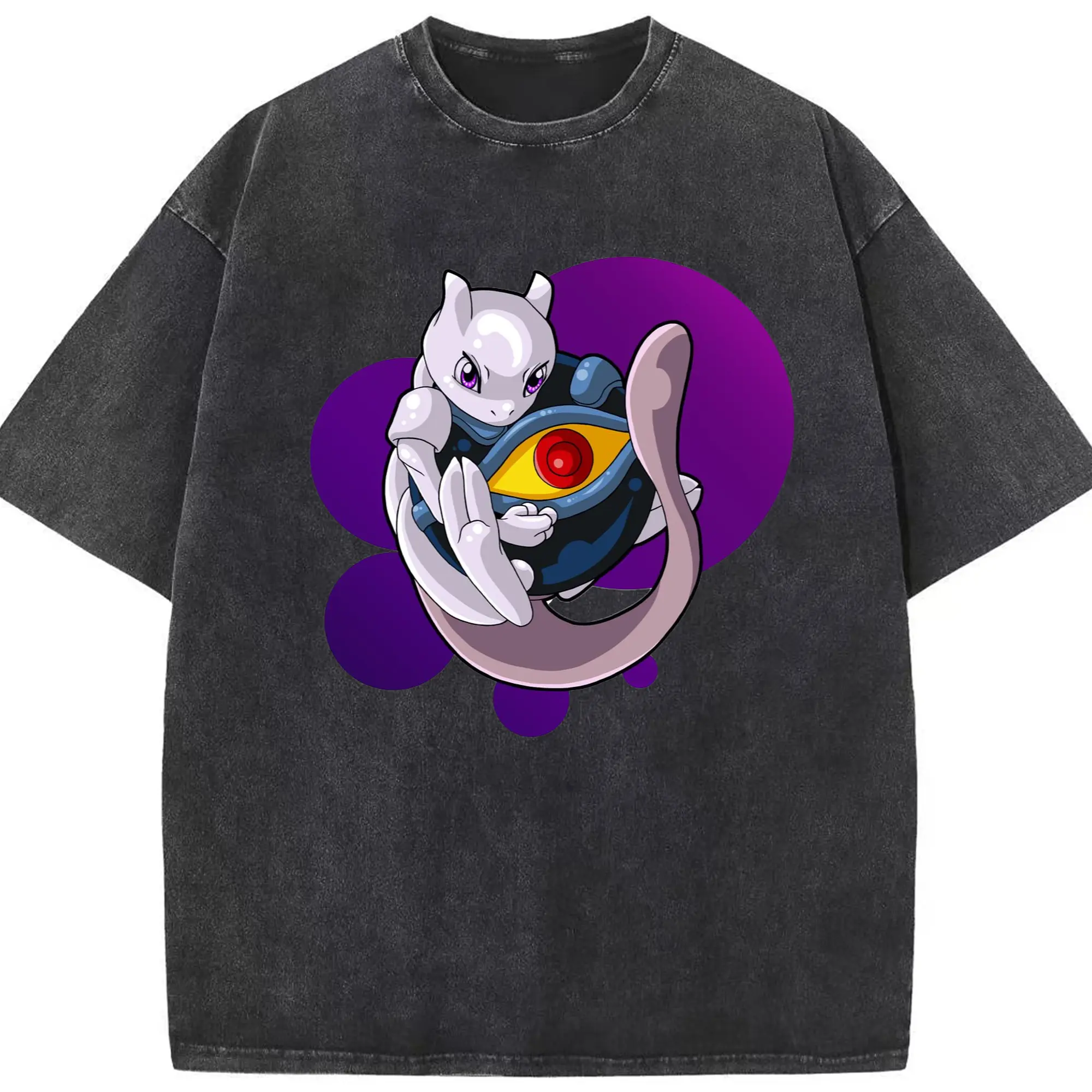 Mewtwo graphic t shirt - Washed Vintage Look 230g Cotton Oversized T-Shirt With Front Heat Transfer Print – Soft, Lightweight, Stylish Fit – Comfortable Casual Wear For Sports & Everyday Use