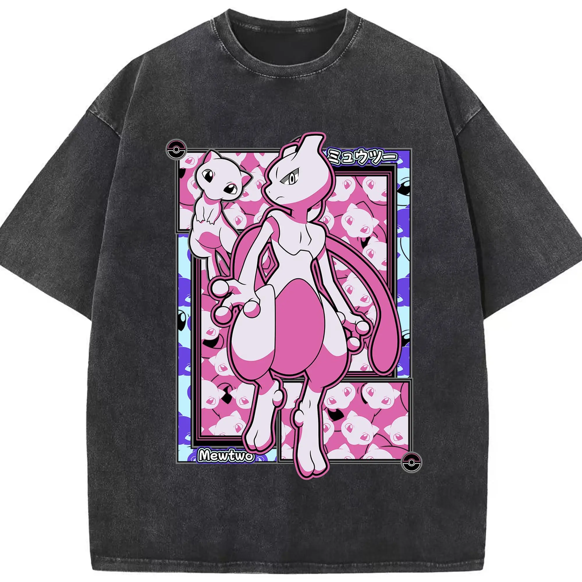 Mewtwo t shirt design - Washed Vintage Look 230g Cotton Oversized T-Shirt With Front Heat Transfer Print – Soft, Lightweight, Stylish Fit – Comfortable Casual Wear For Sports & Everyday Use