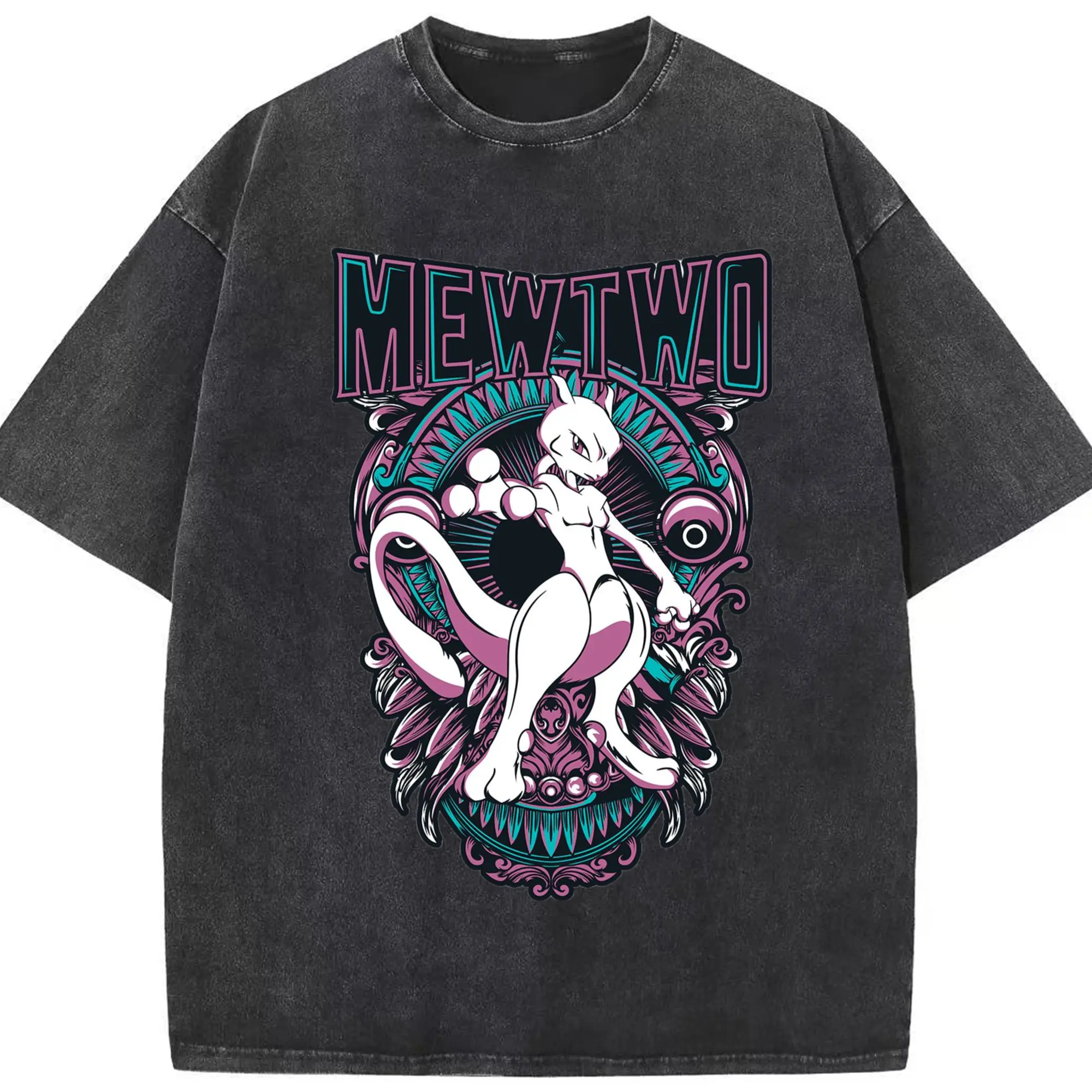 Mewtwo vintage t shirt - Washed Vintage Look 230g Cotton Oversized T-Shirt With Front Heat Transfer Print – Soft, Lightweight, Stylish Fit – Comfortable Casual Wear For Sports & Everyday Use