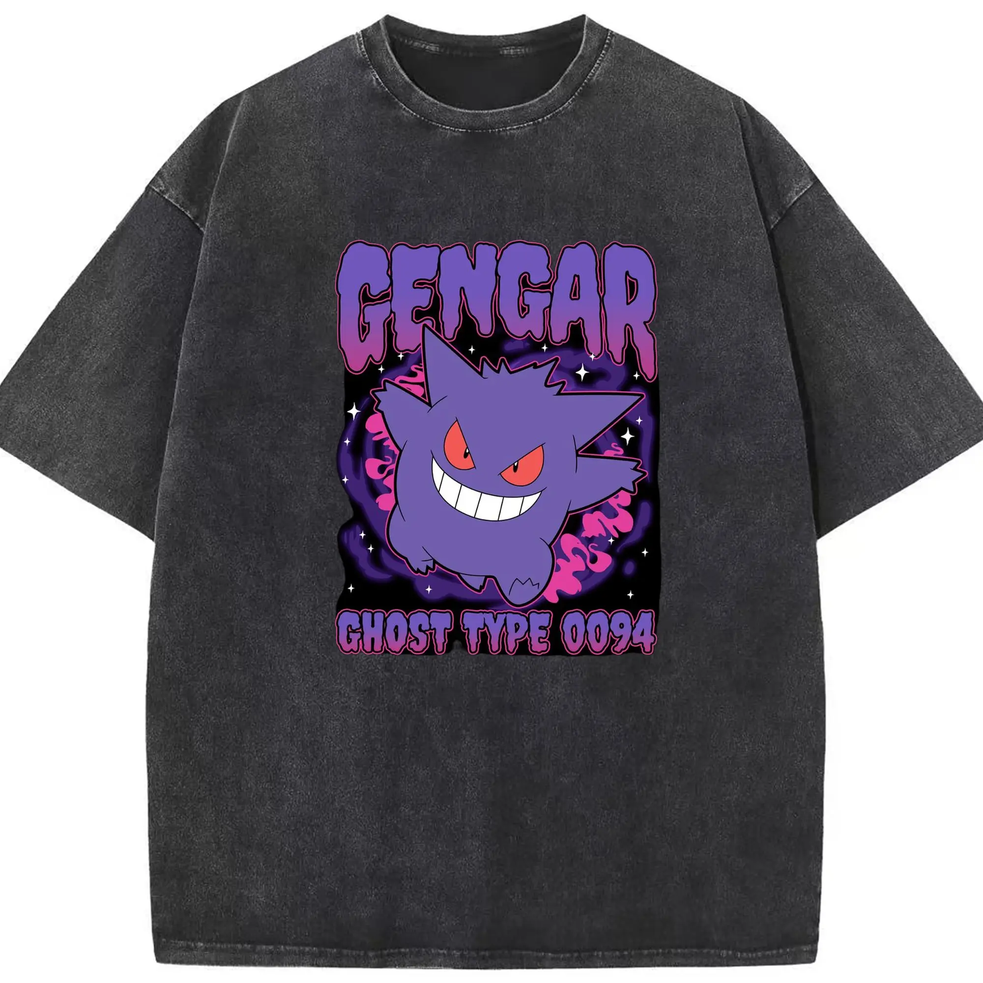 Gengar college tee - Washed Vintage Look 230g Cotton Oversized T-Shirt With Front Heat Transfer Print – Soft, Lightweight, Stylish Fit – Comfortable Casual Wear For Sports & Everyday Use