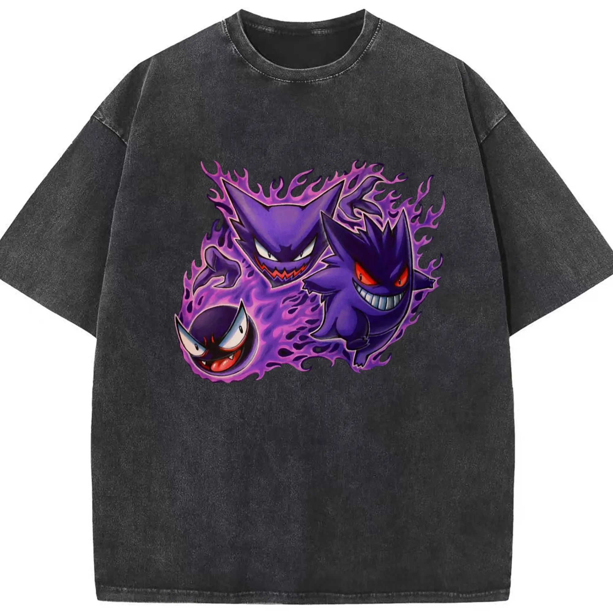 Gengar evolution t shirt​ - Washed Vintage Look 230g Cotton Oversized T-Shirt With Front Heat Transfer Print – Soft, Lightweight, Stylish Fit – Comfortable Casual Wear For Sports & Everyday Use