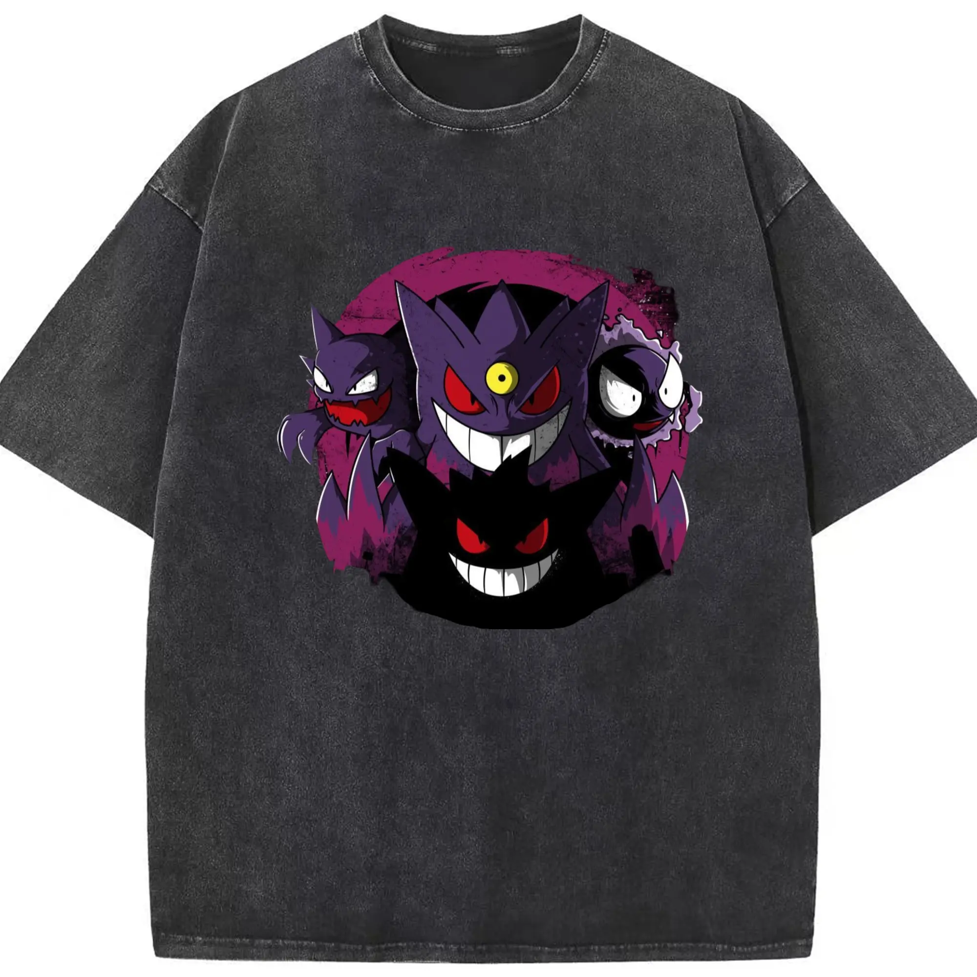 Gengar face collage t shirt​ - Washed Vintage Look 230g Cotton Oversized T-Shirt With Front Heat Transfer Print – Soft, Lightweight, Stylish Fit – Comfortable Casual Wear For Sports & Everyday Use
