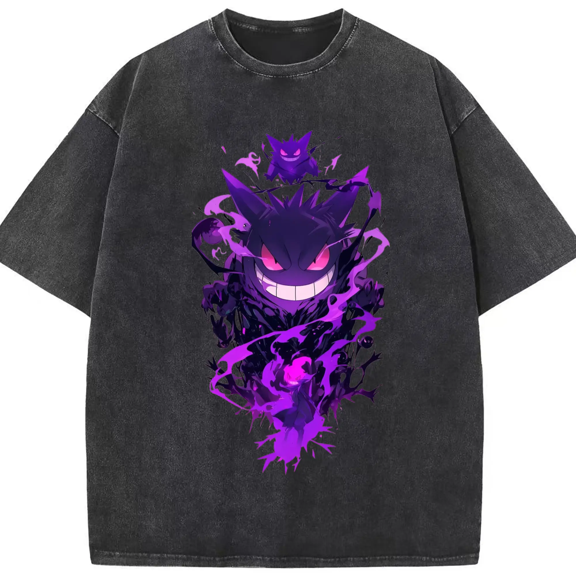 Gengar ghost art t shirt - Washed Vintage Look 230g Cotton Oversized T-Shirt With Front Heat Transfer Print – Soft, Lightweight, Stylish Fit – Comfortable Casual Wear For Sports & Everyday Use