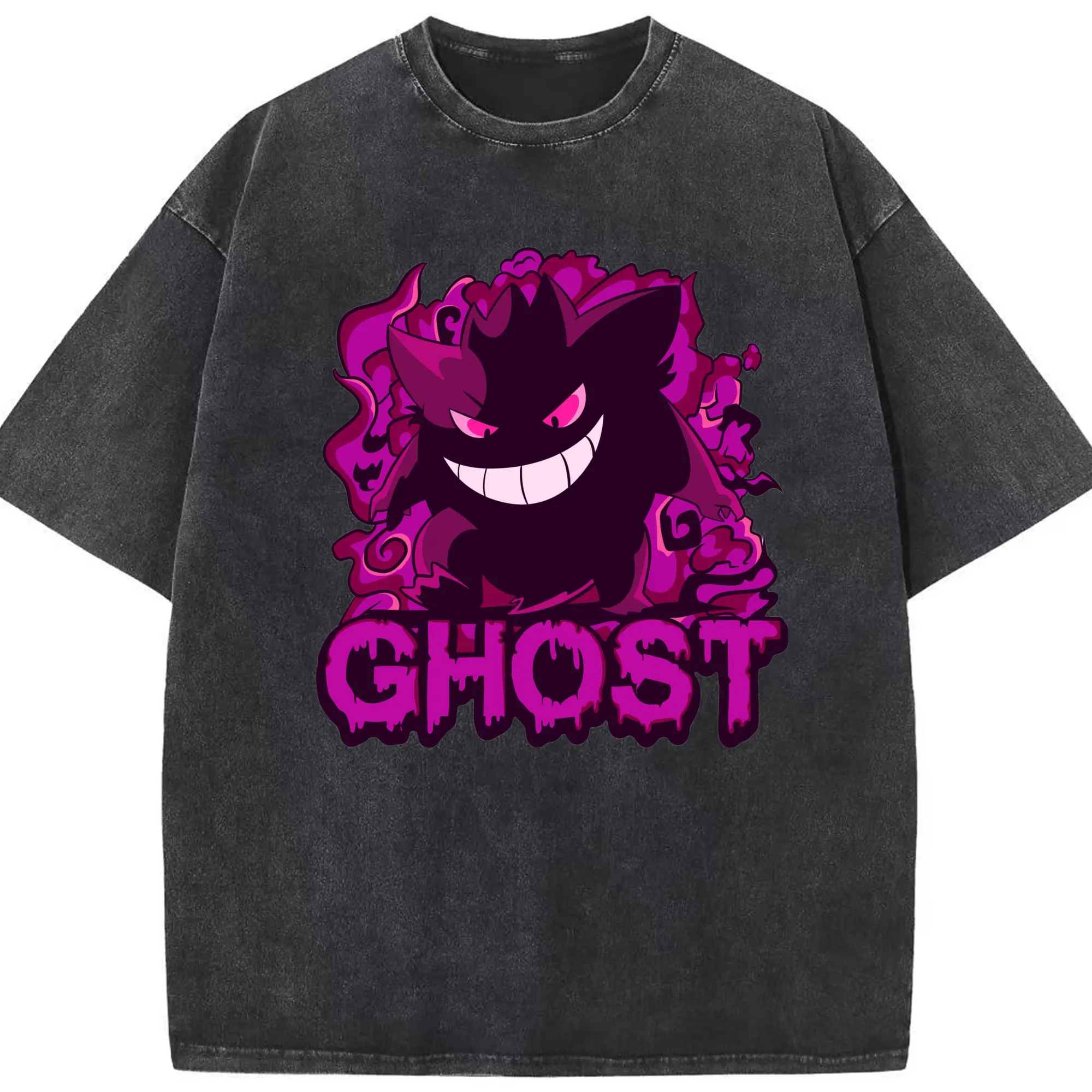 Gengar ghost t shirt - Washed Vintage Look 230g Cotton Oversized T-Shirt With Front Heat Transfer Print – Soft, Lightweight, Stylish Fit – Comfortable Casual Wear For Sports & Everyday Use