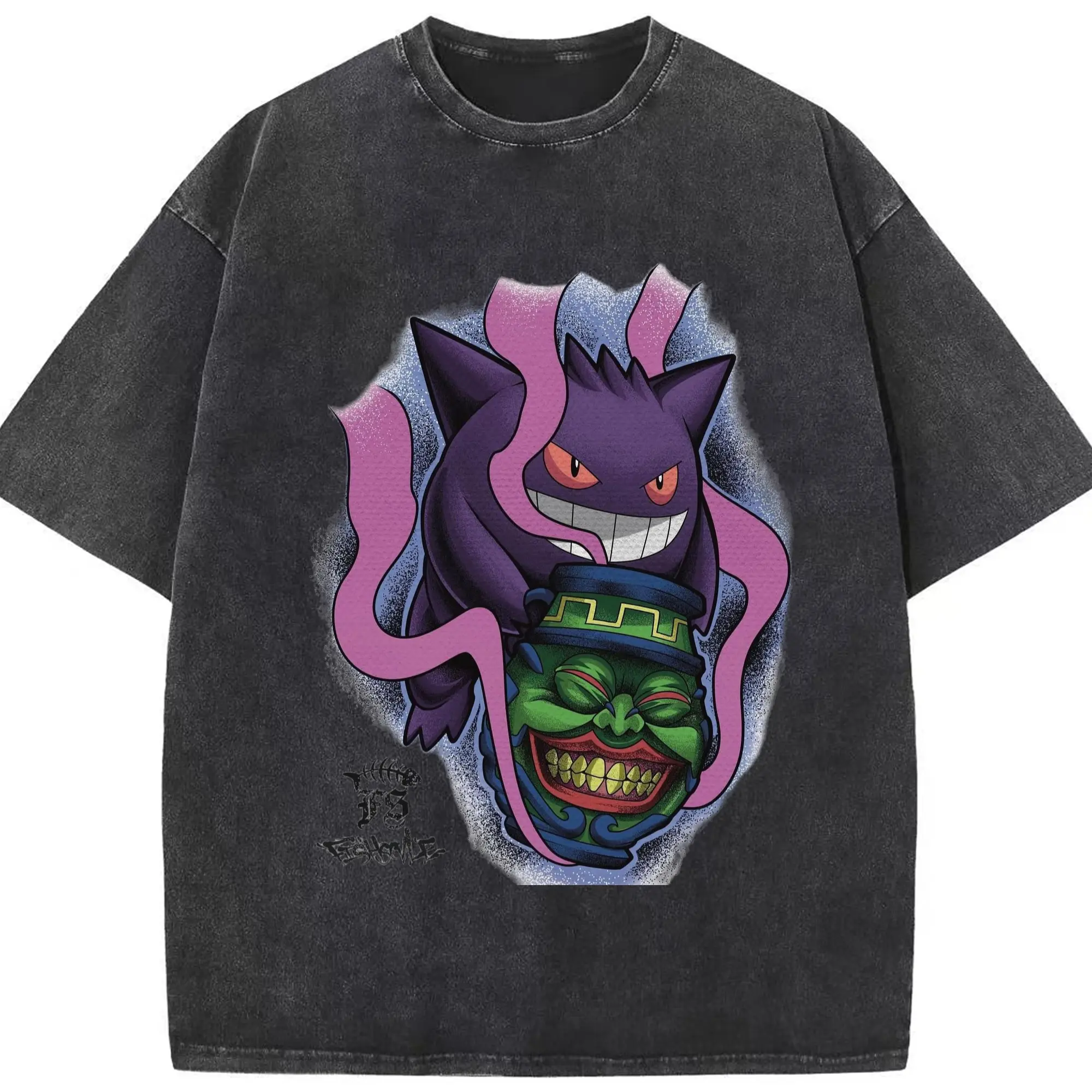 Gengar vintage tee - Washed Vintage Look 230g Cotton Oversized T-Shirt With Front Heat Transfer Print – Soft, Lightweight, Stylish Fit – Comfortable Casual Wear For Sports & Everyday Use