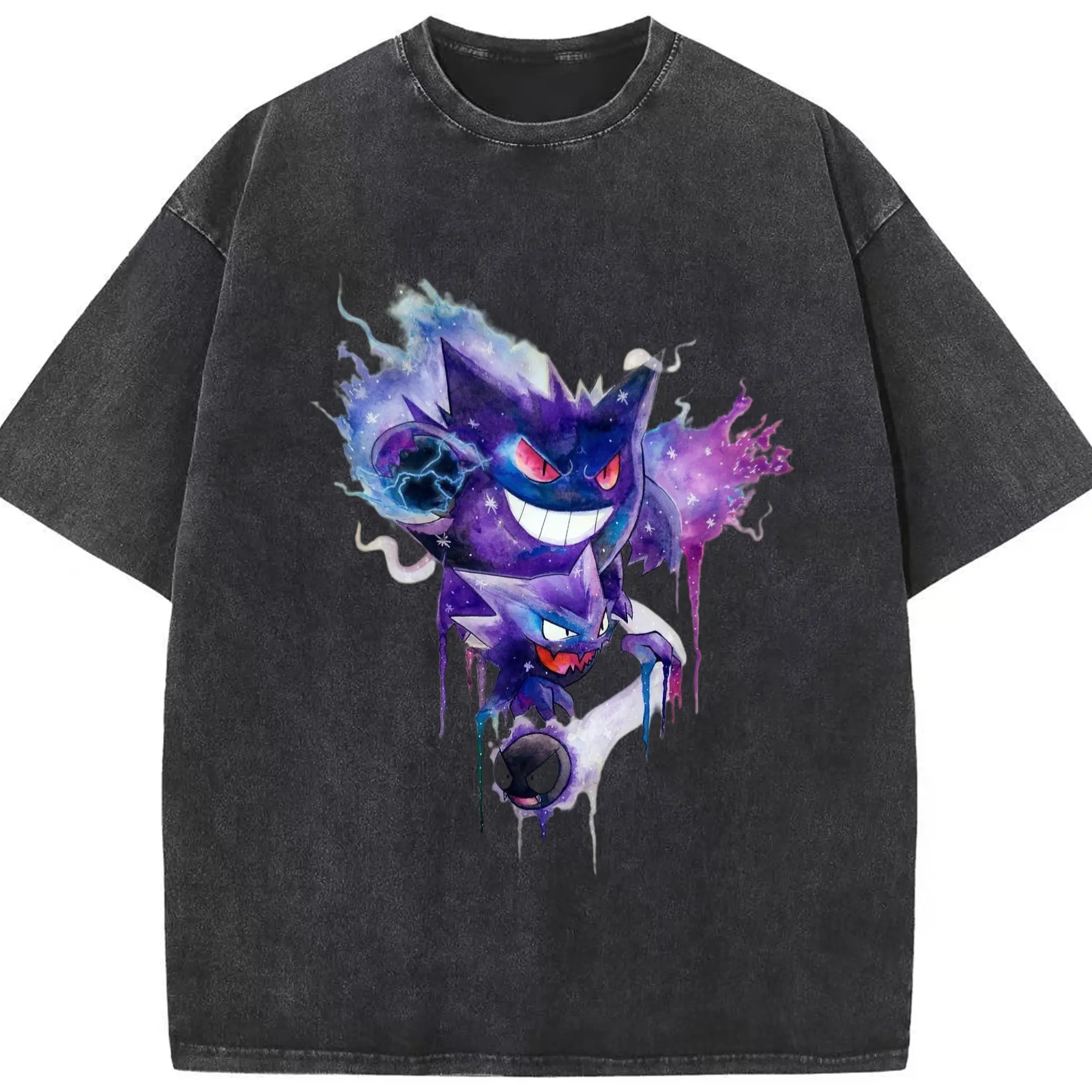 Men pokemen gengar tee - Washed Vintage Look 230g Cotton Oversized T-Shirt With Front Heat Transfer Print – Soft, Lightweight, Stylish Fit – Comfortable Casual Wear For Sports & Everyday Use