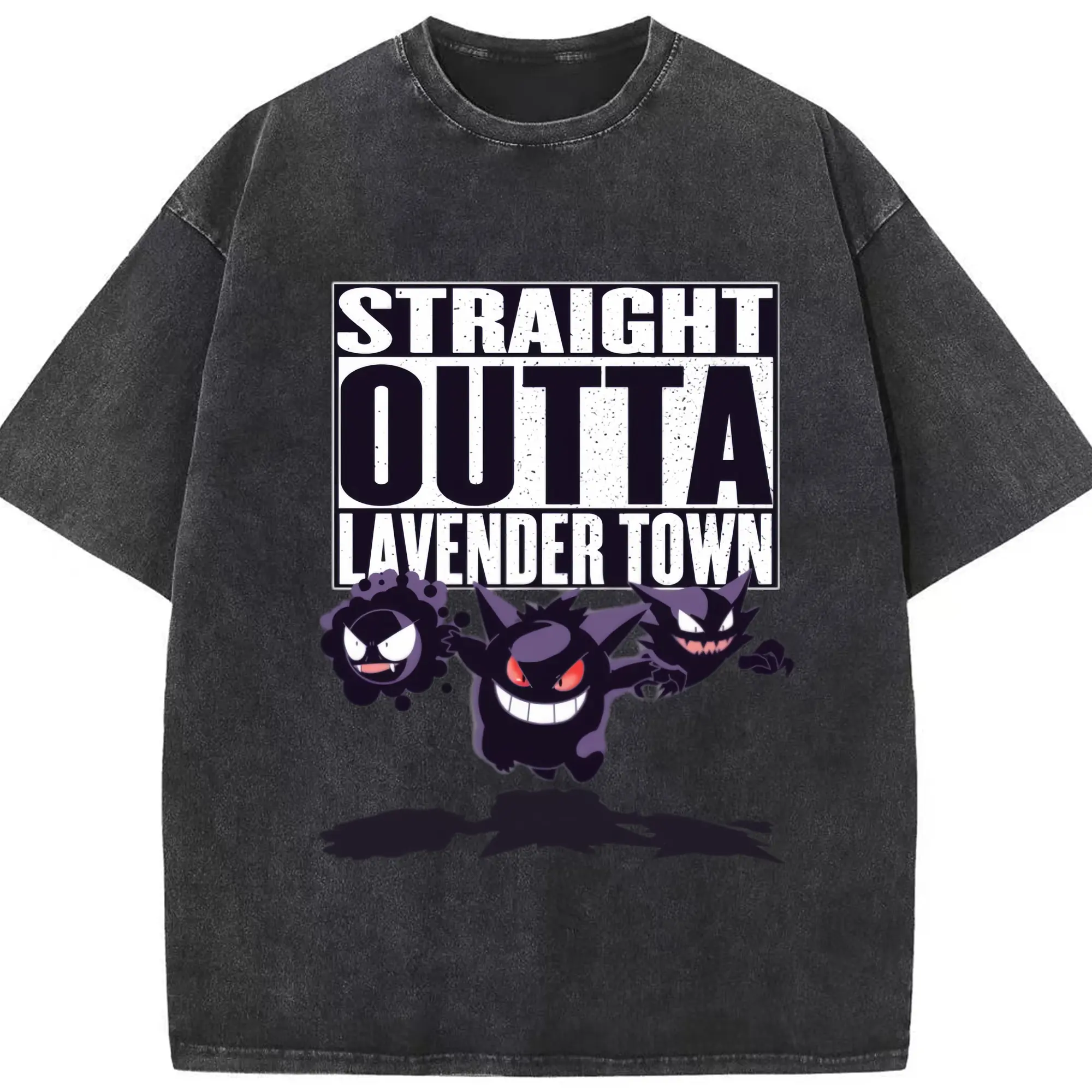 Pokemen gengar college t shirt​ - Washed Vintage Look 230g Cotton Oversized T-Shirt With Front Heat Transfer Print – Soft, Lightweight, Stylish Fit – Comfortable Casual Wear For Sports & Everyday Use