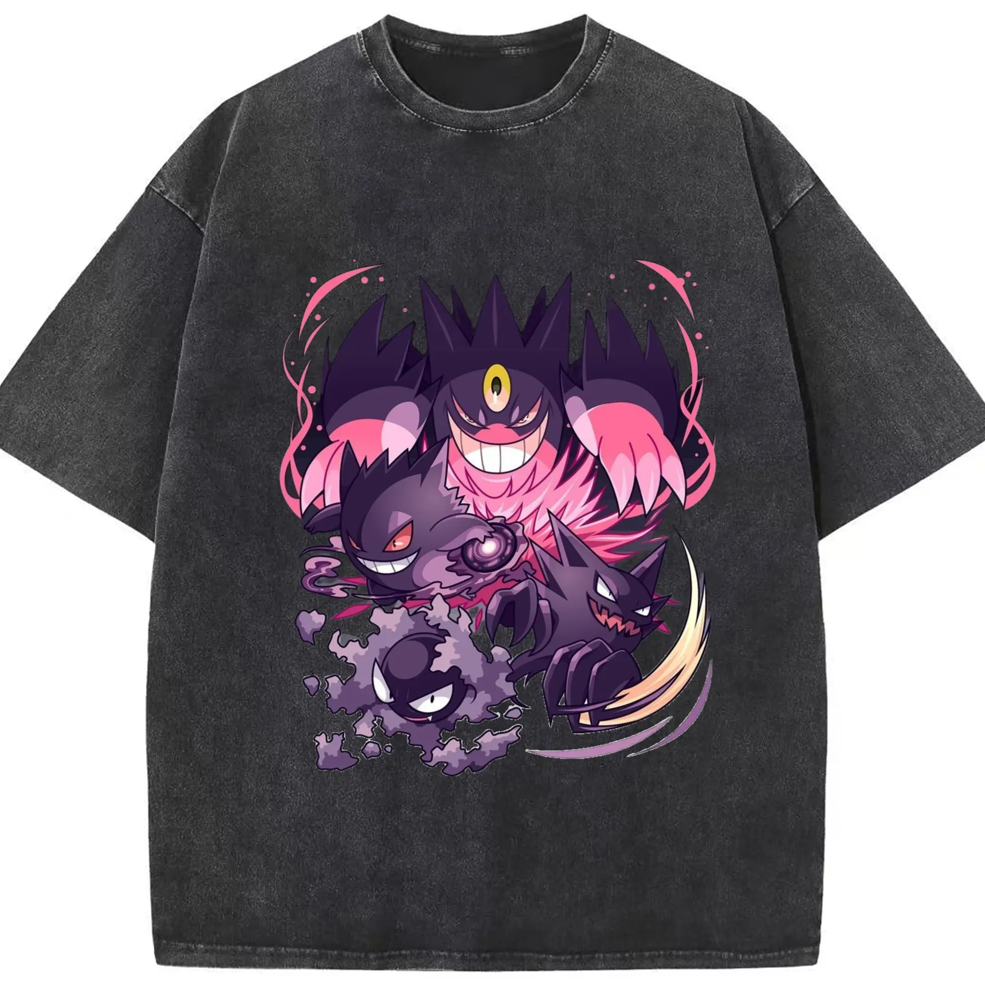 Pokemen gengar college tee - Washed Vintage Look 230g Cotton Oversized T-Shirt With Front Heat Transfer Print – Soft, Lightweight, Stylish Fit – Comfortable Casual Wear For Sports & Everyday Use