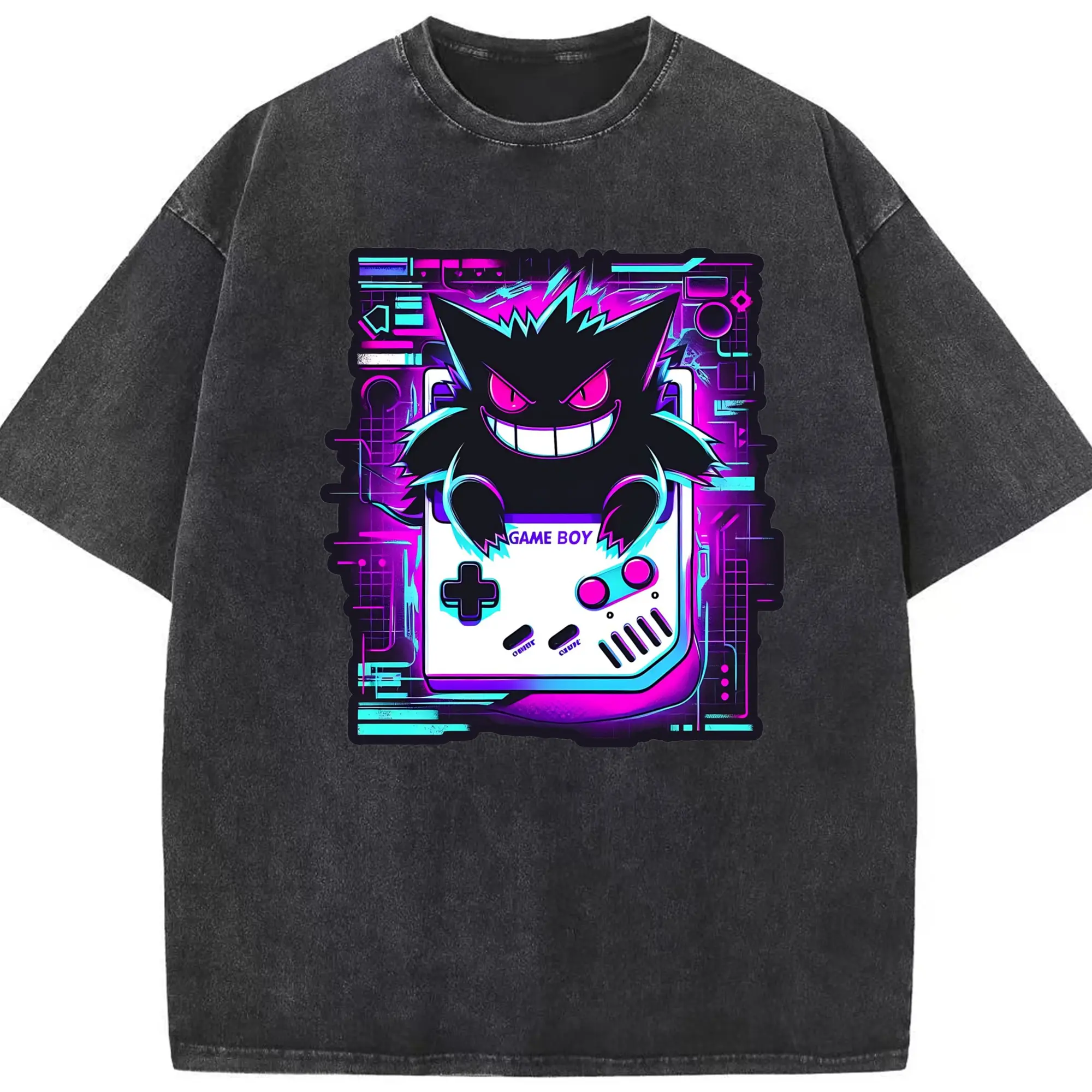 Pokemon gengar art shirt - Washed Vintage Look 230g Cotton Oversized T-Shirt With Front Heat Transfer Print – Soft, Lightweight, Stylish Fit – Comfortable Casual Wear For Sports & Everyday Use