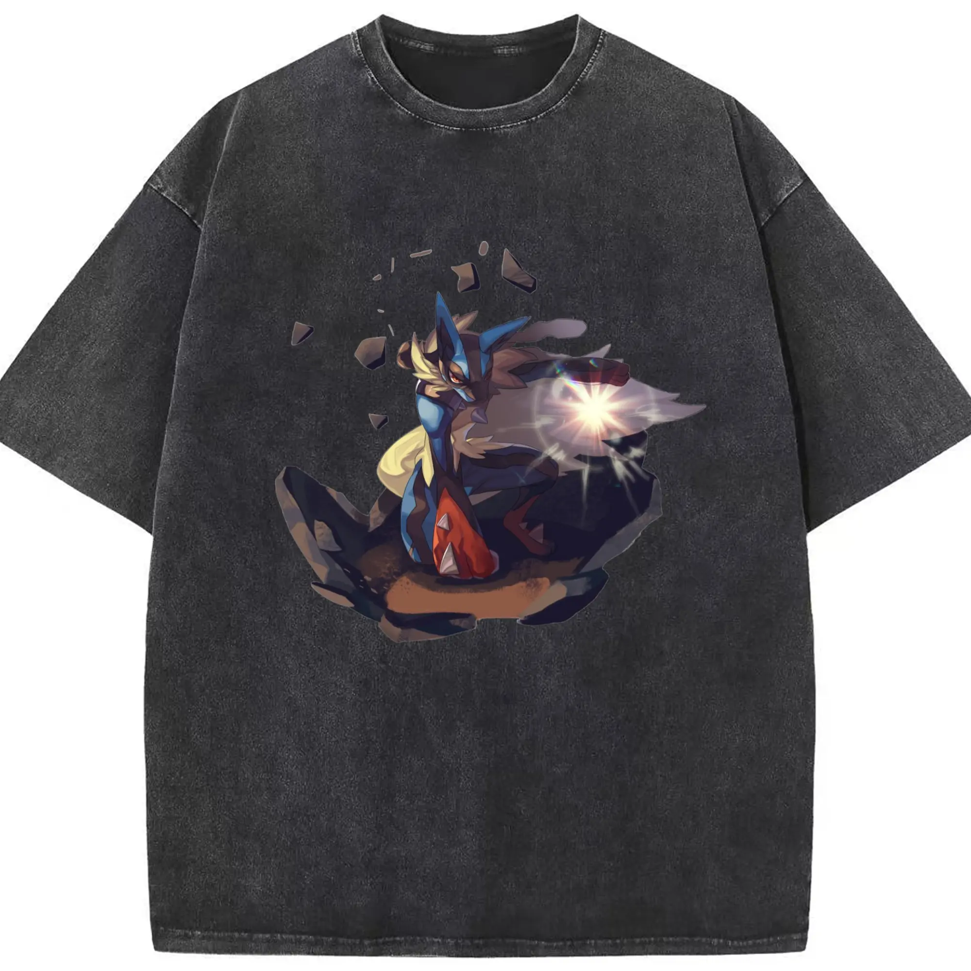Cool Lucario collage graphic t shirt - Washed Vintage Look 230g Cotton Oversized T-Shirt With Front Heat Transfer Print – Soft, Lightweight, Stylish Fit – Comfortable Casual Wear For Sports & Everyday Use