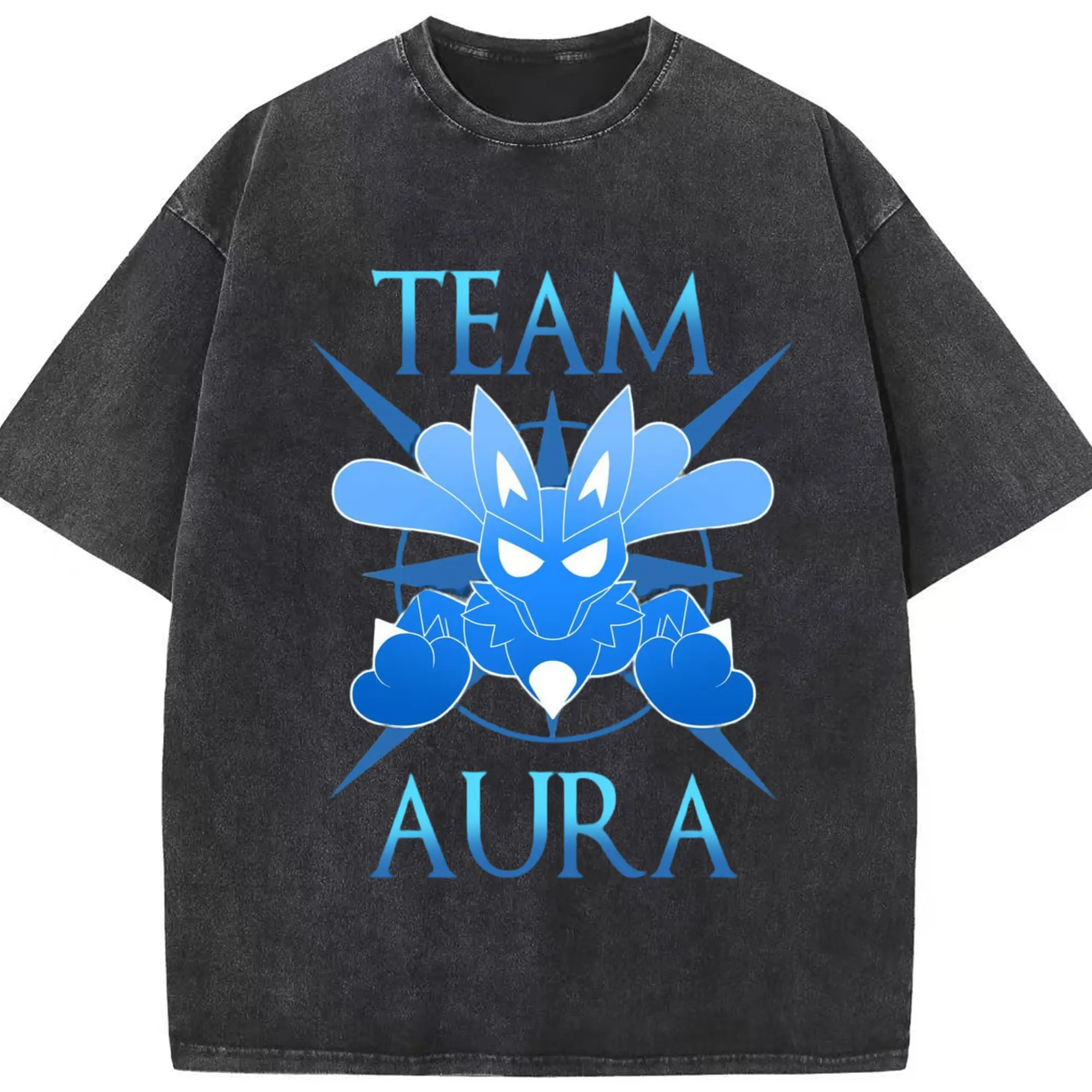 Lucario icon t shirt - Washed Vintage Look 230g Cotton Oversized T-Shirt With Front Heat Transfer Print – Soft, Lightweight, Stylish Fit – Comfortable Casual Wear For Sports & Everyday Use