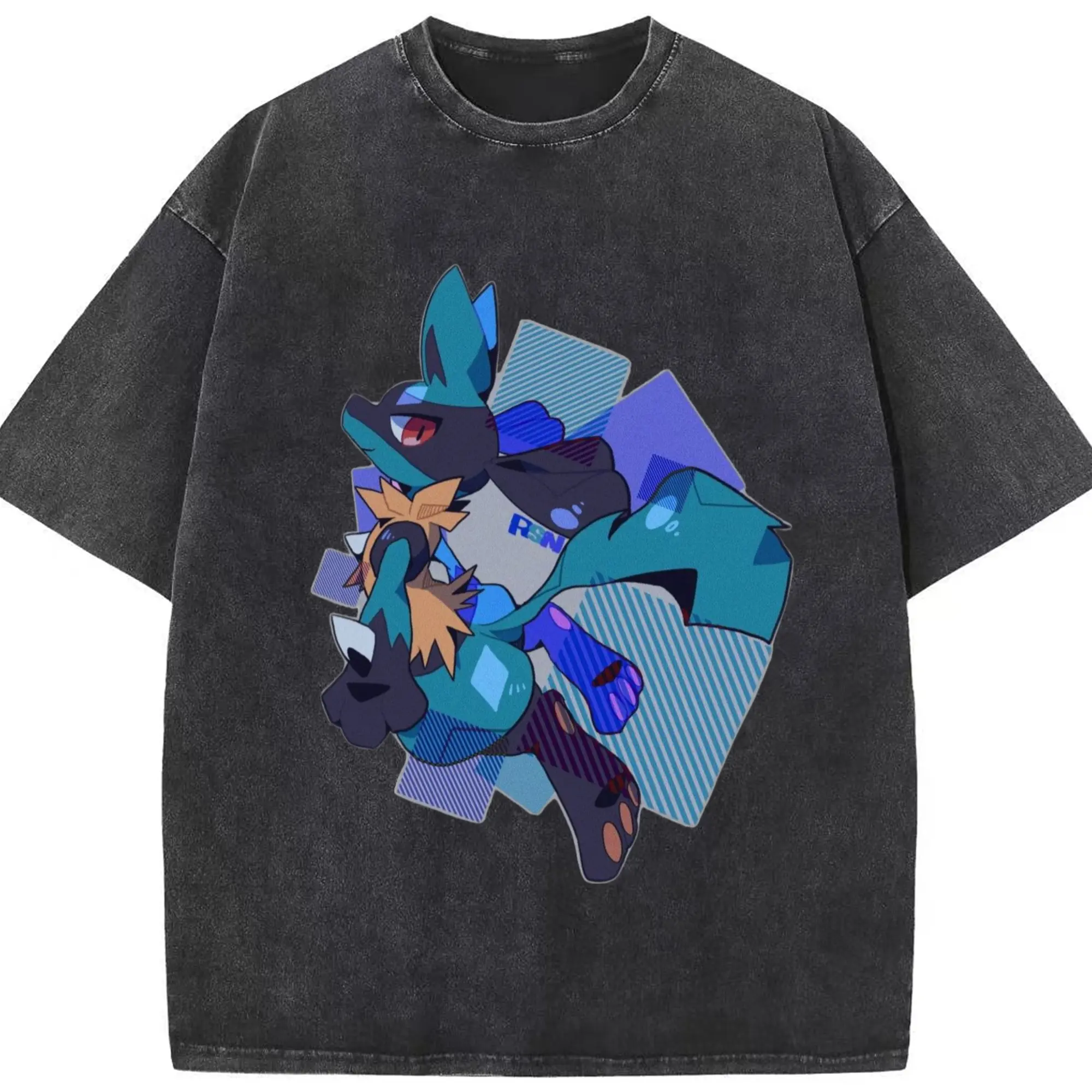 Lucario kids t shirt - Washed Vintage Look 230g Cotton Oversized T-Shirt With Front Heat Transfer Print – Soft, Lightweight, Stylish Fit – Comfortable Casual Wear For Sports & Everyday Use