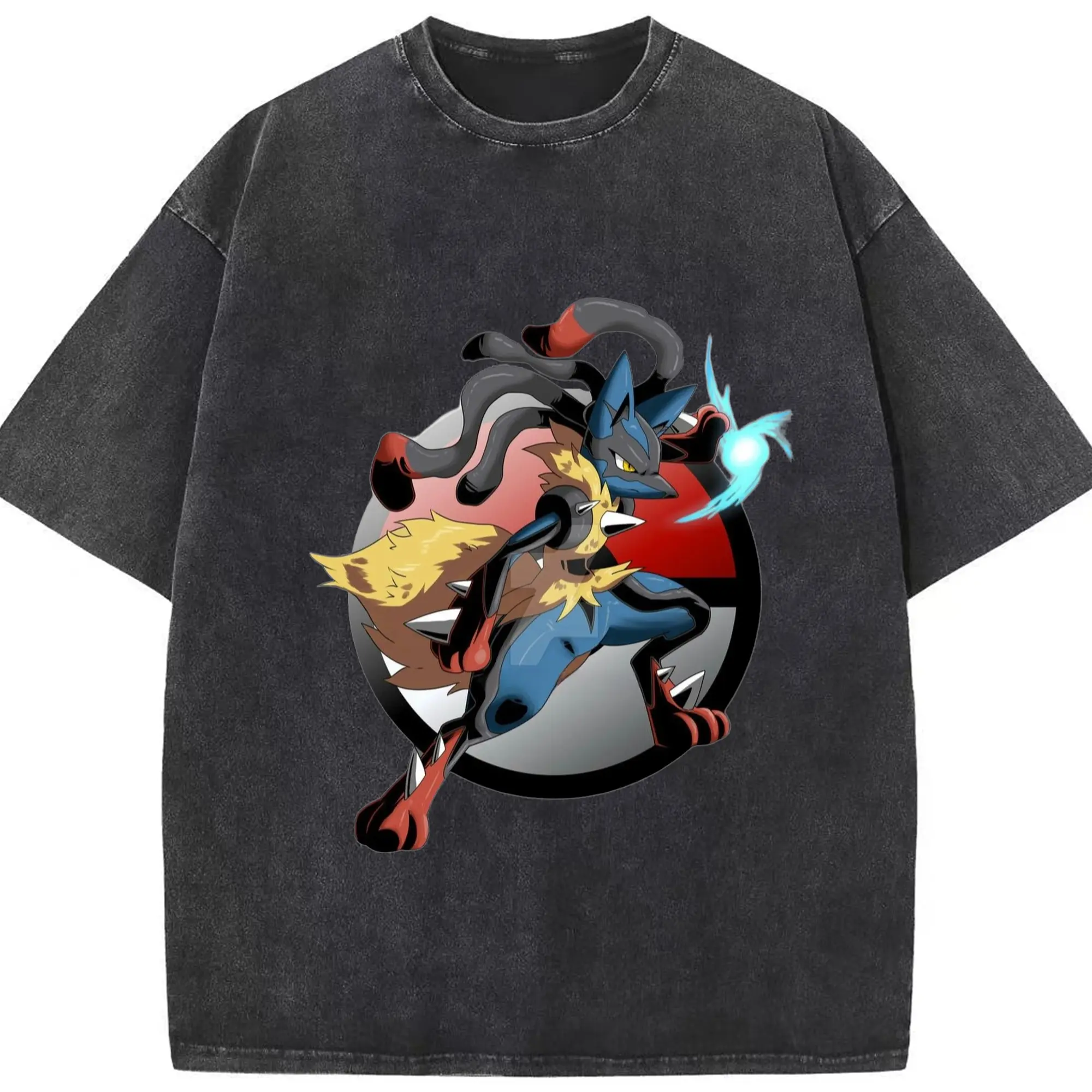 Lucario tee shirt - Washed Vintage Look 230g Cotton Oversized T-Shirt With Front Heat Transfer Print – Soft, Lightweight, Stylish Fit – Comfortable Casual Wear For Sports & Everyday Use