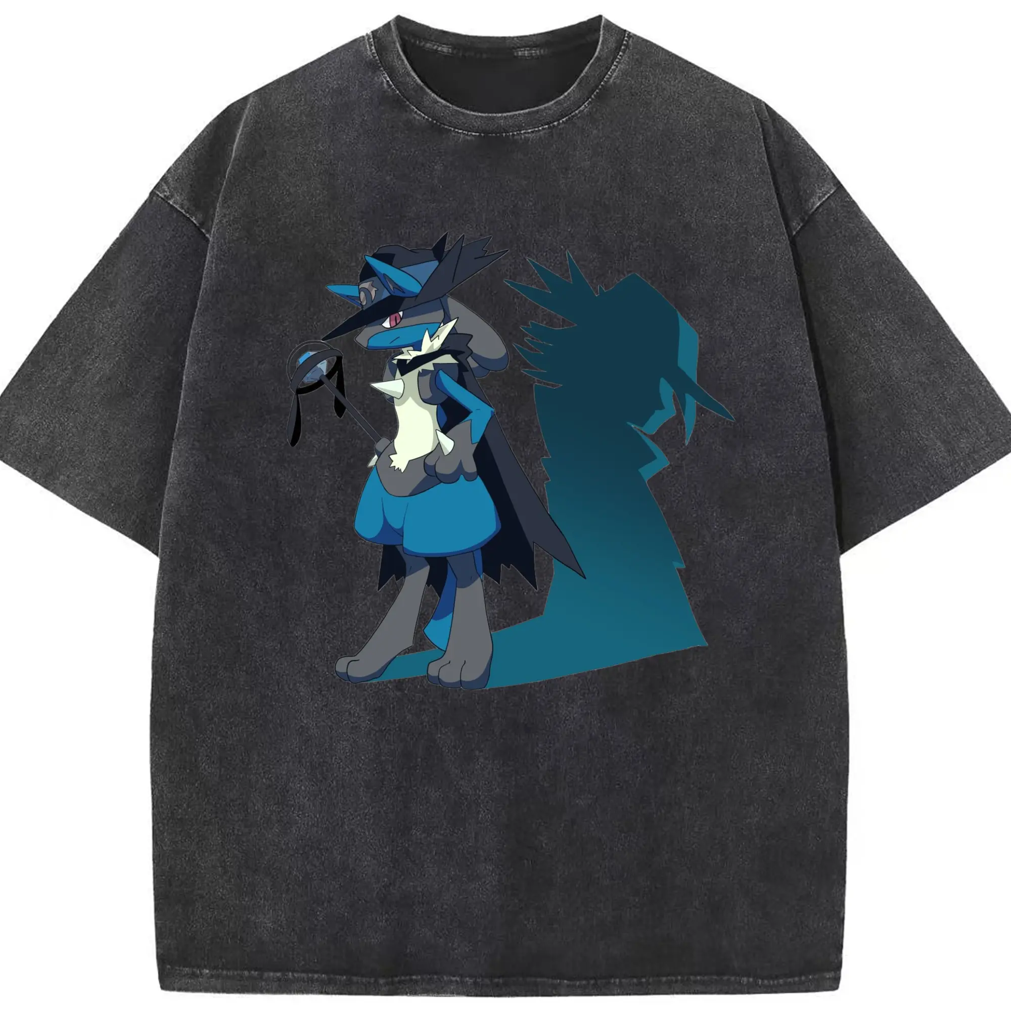 Men's Lucario t shirt - Washed Vintage Look 230g Cotton Oversized T-Shirt With Front Heat Transfer Print – Soft, Lightweight, Stylish Fit – Comfortable Casual Wear For Sports & Everyday Use