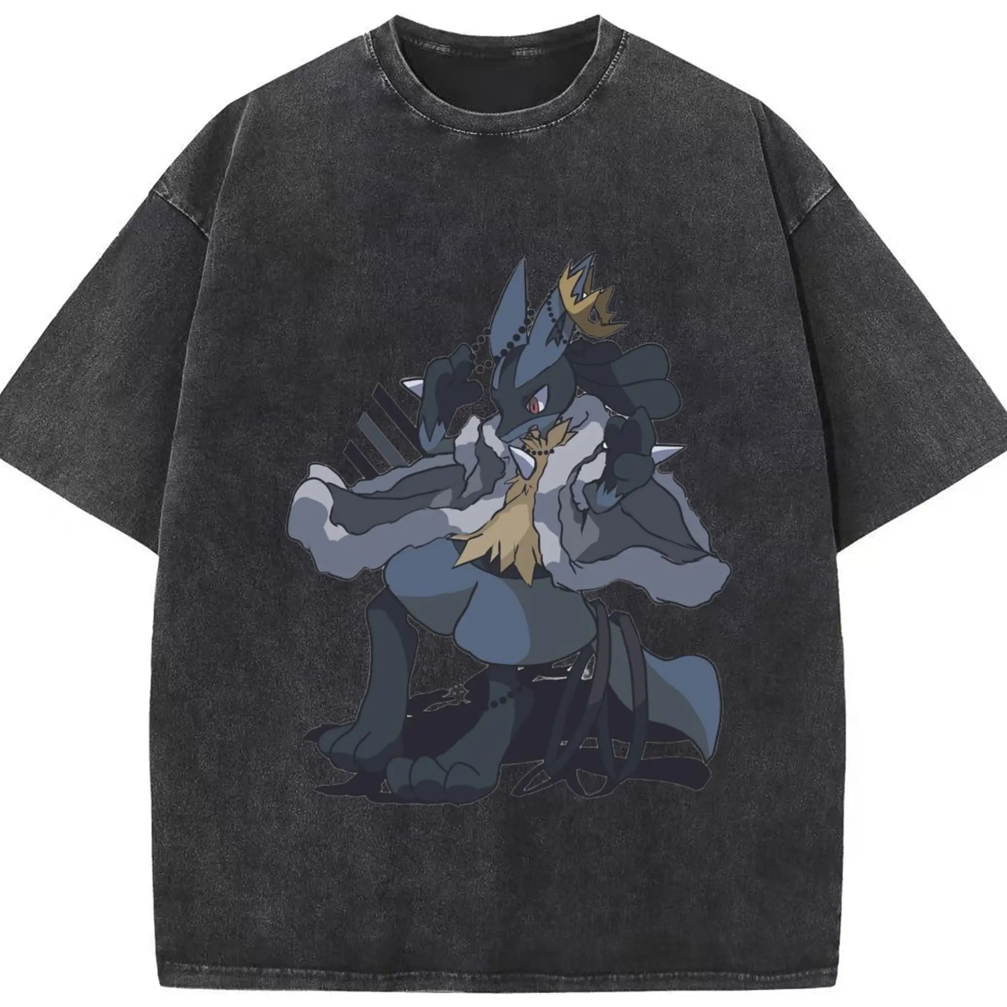 Pokemon Lucario graphic t shirt - Washed Vintage Look 230g Cotton Oversized T-Shirt With Front Heat Transfer Print – Soft, Lightweight, Stylish Fit – Comfortable Casual Wear For Sports & Everyday Use