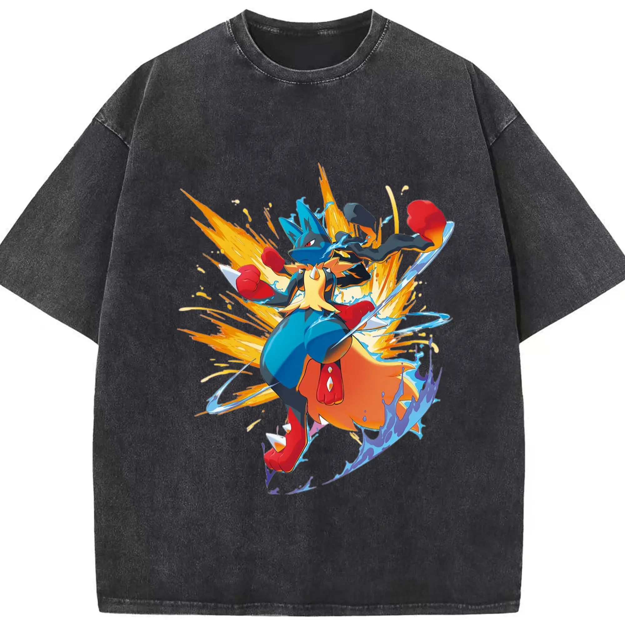 Pokemon lucario shirt - Washed Vintage Look 230g Cotton Oversized T-Shirt With Front Heat Transfer Print – Soft, Lightweight, Stylish Fit – Comfortable Casual Wear For Sports & Everyday Use