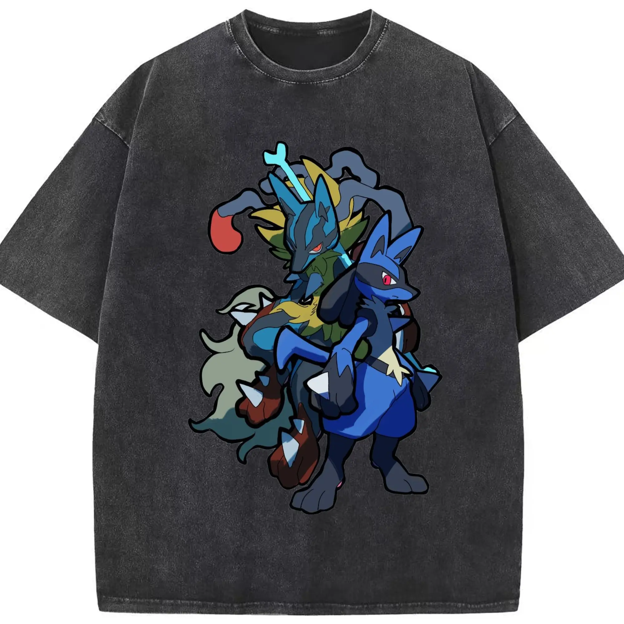 Pokemon lucario tee shirt - Washed Vintage Look 230g Cotton Oversized T-Shirt With Front Heat Transfer Print – Soft, Lightweight, Stylish Fit – Comfortable Casual Wear For Sports & Everyday Use