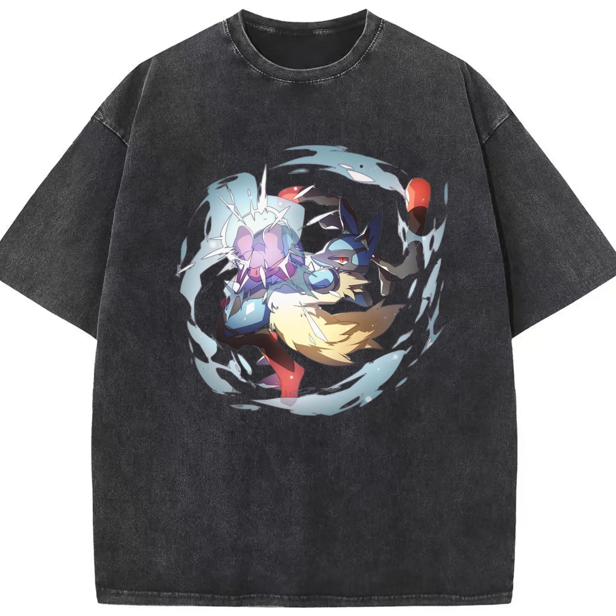 Pokemon mage lucario tee shir - Washed Vintage Look 230g Cotton Oversized T-Shirt With Front Heat Transfer Print – Soft, Lightweight, Stylish Fit – Comfortable Casual Wear For Sports & Everyday Use