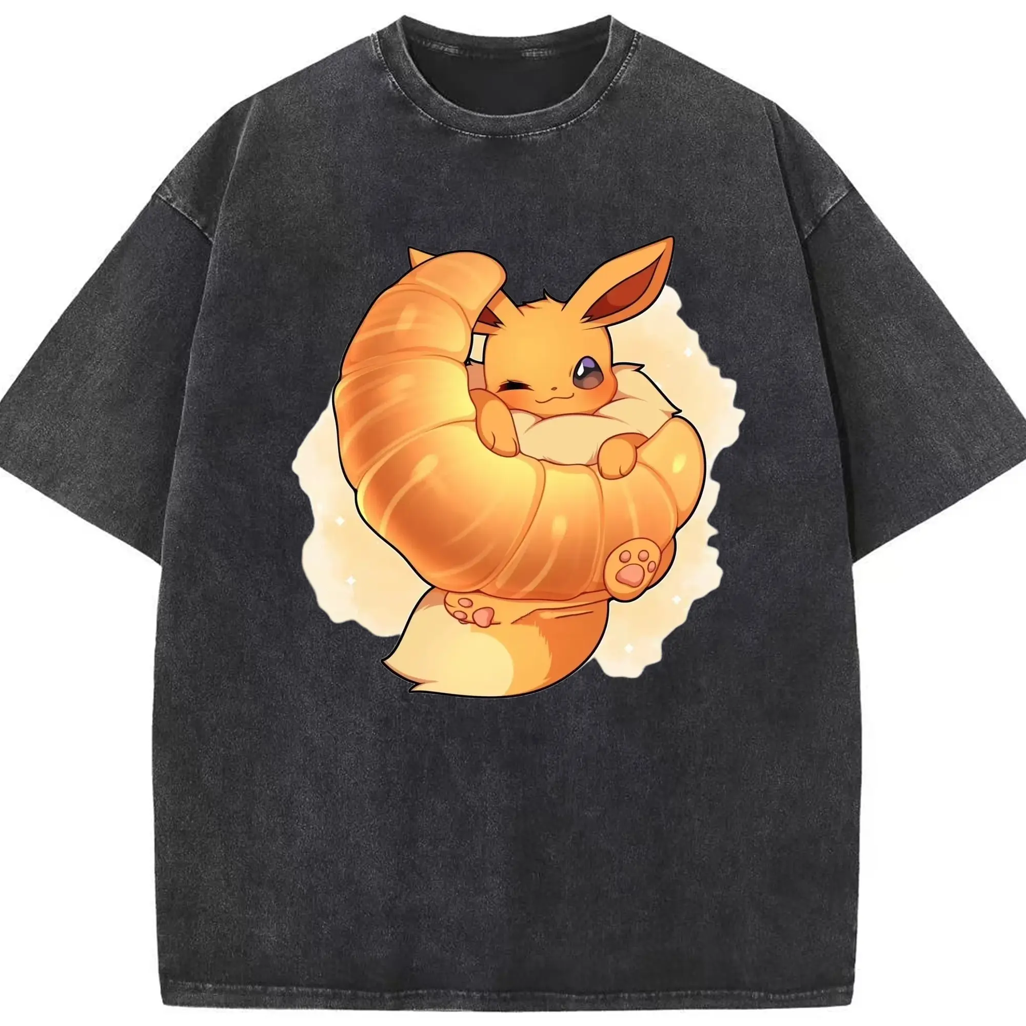 Eevee graphic shirt - Washed Vintage Look 230g Cotton Oversized T-Shirt With Front Heat Transfer Print – Soft, Lightweight, Stylish Fit – Comfortable Casual Wear For Sports & Everyday Use