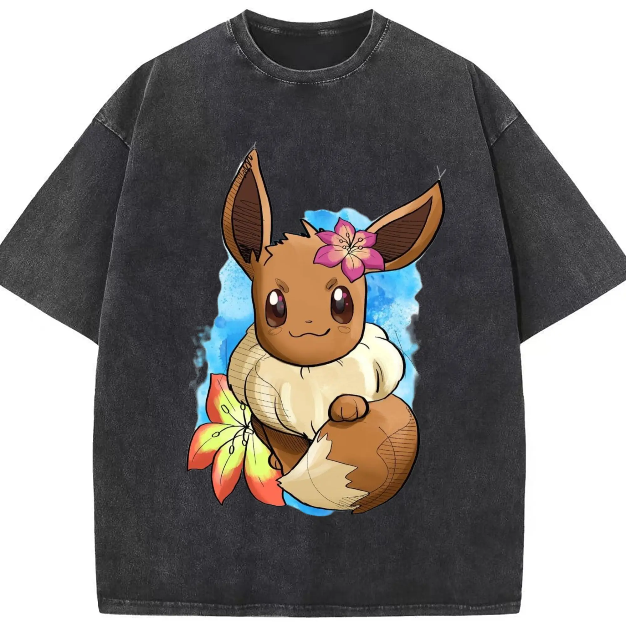 Eevee graphic tee - Washed Vintage Look 230g Cotton Oversized T-Shirt With Front Heat Transfer Print – Soft, Lightweight, Stylish Fit – Comfortable Casual Wear For Sports & Everyday Use