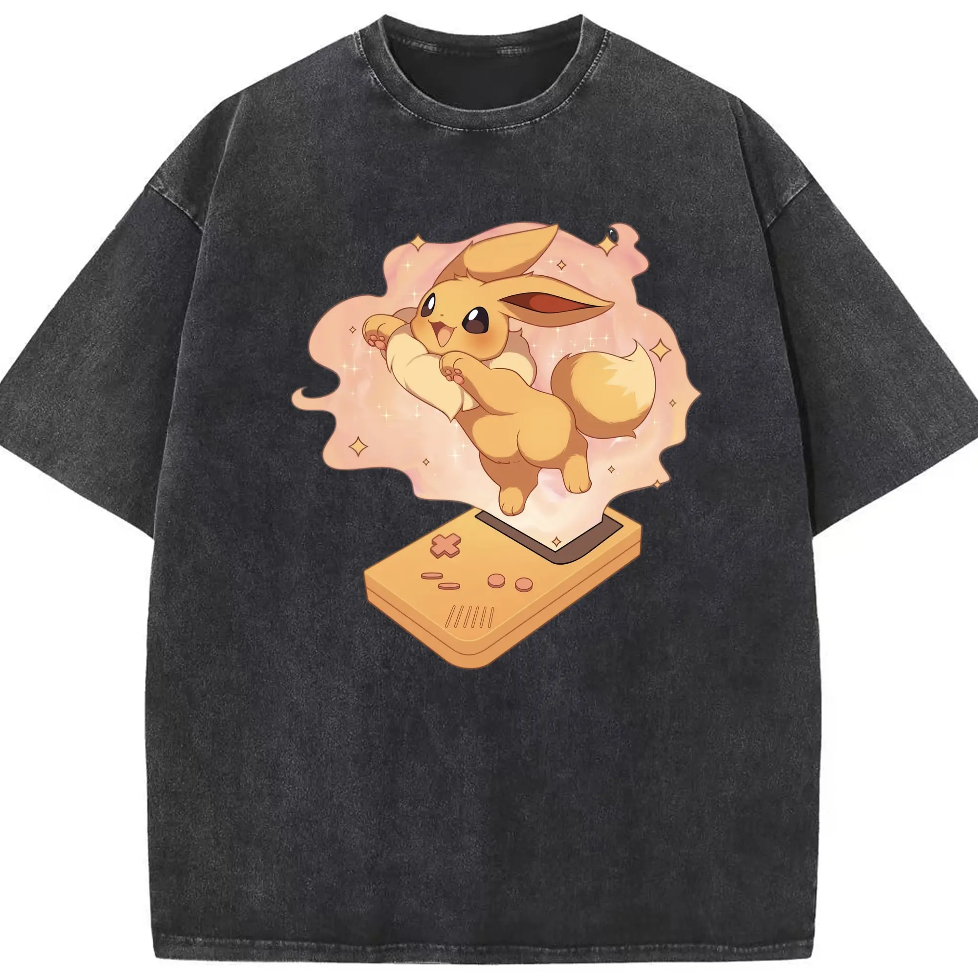Eevee graphic t-shirt - Washed Vintage Look 230g Cotton Oversized T-Shirt With Front Heat Transfer Print – Soft, Lightweight, Stylish Fit – Comfortable Casual Wear For Sports & Everyday Use