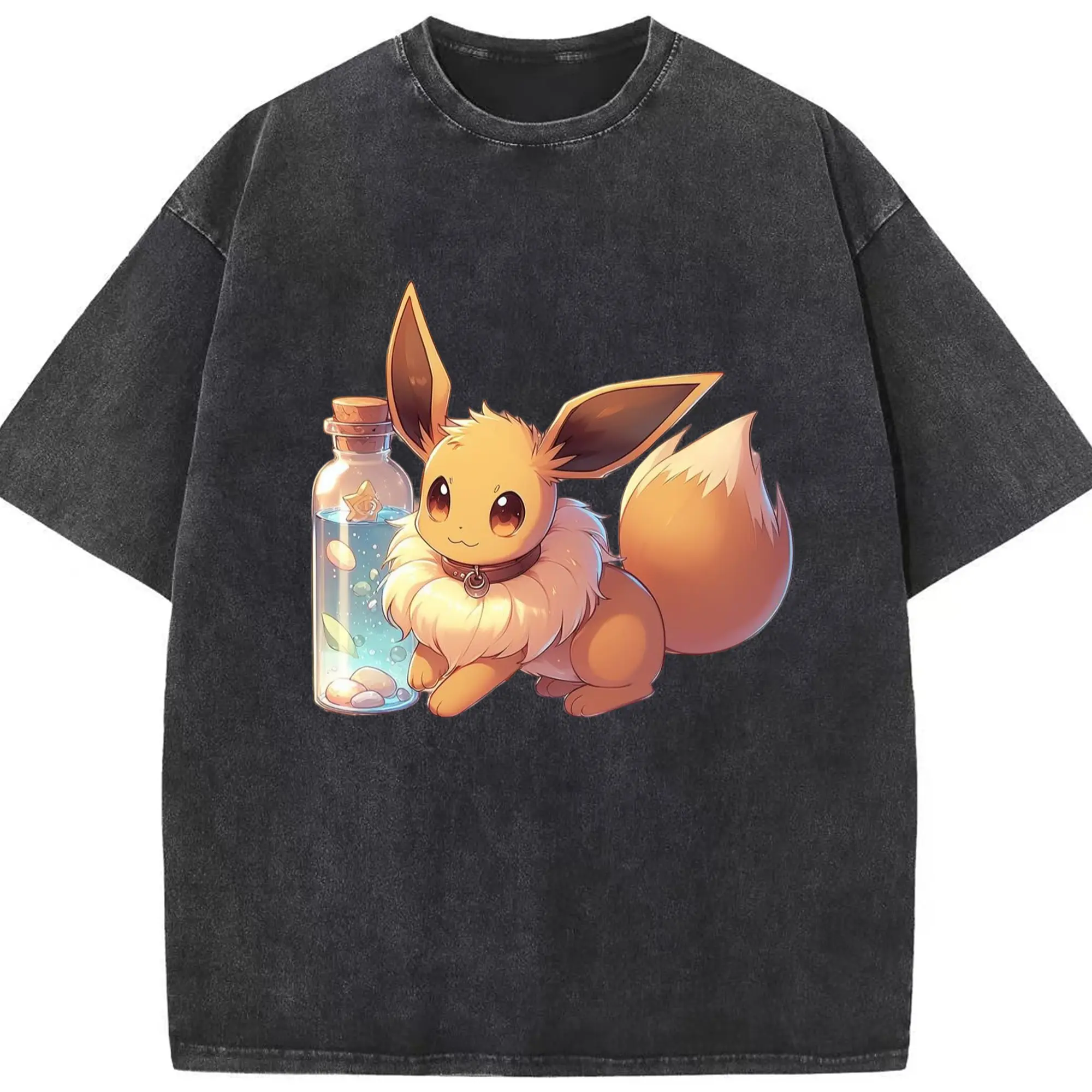Gril pokemon eevee graphic t-shirt - Washed Vintage Look 230g Cotton Oversized T-Shirt With Front Heat Transfer Print – Soft, Lightweight, Stylish Fit – Comfortable Casual Wear For Sports & Everyday Use