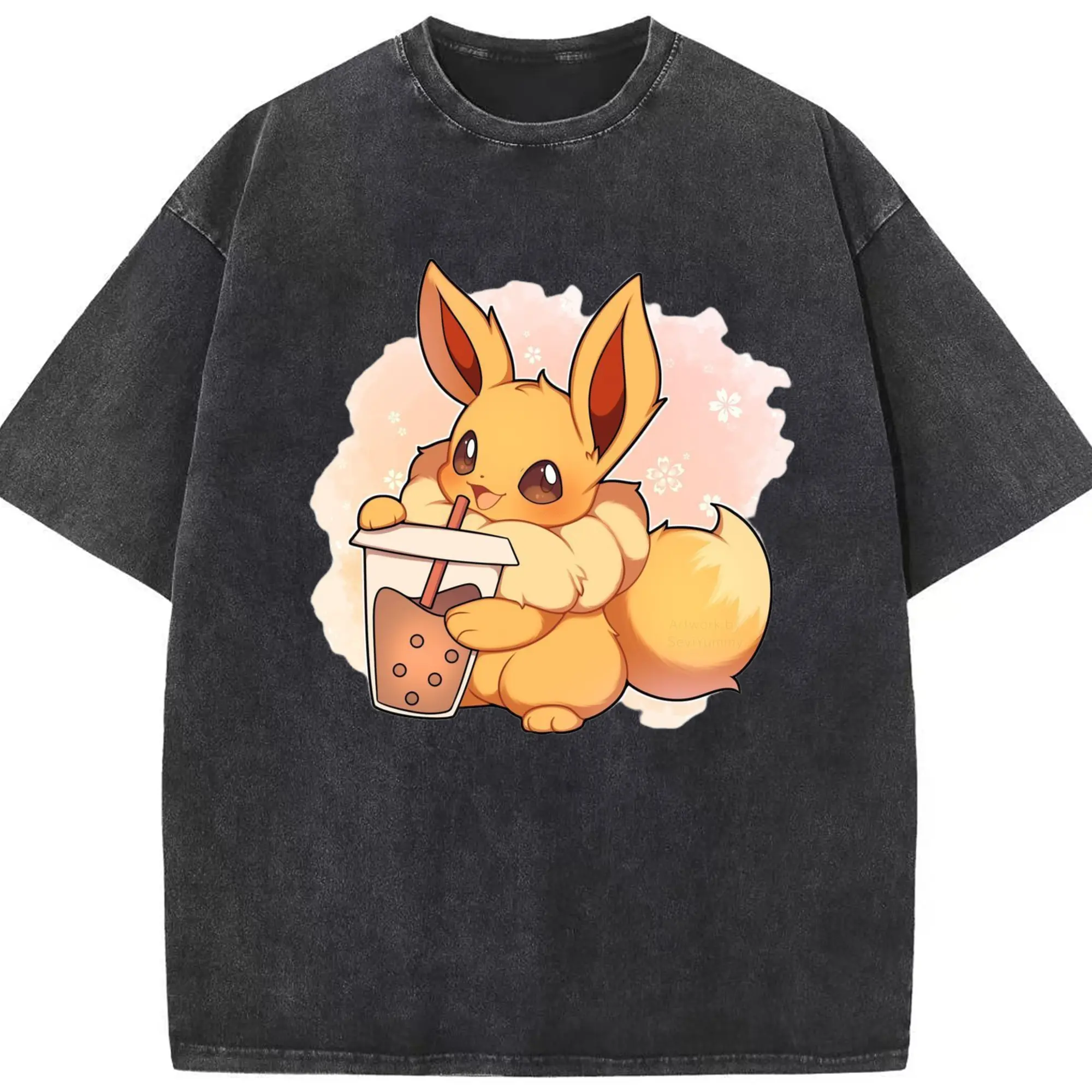 Gril pokemon eevee t-shirt - Washed Vintage Look 230g Cotton Oversized T-Shirt With Front Heat Transfer Print – Soft, Lightweight, Stylish Fit – Comfortable Casual Wear For Sports & Everyday Use