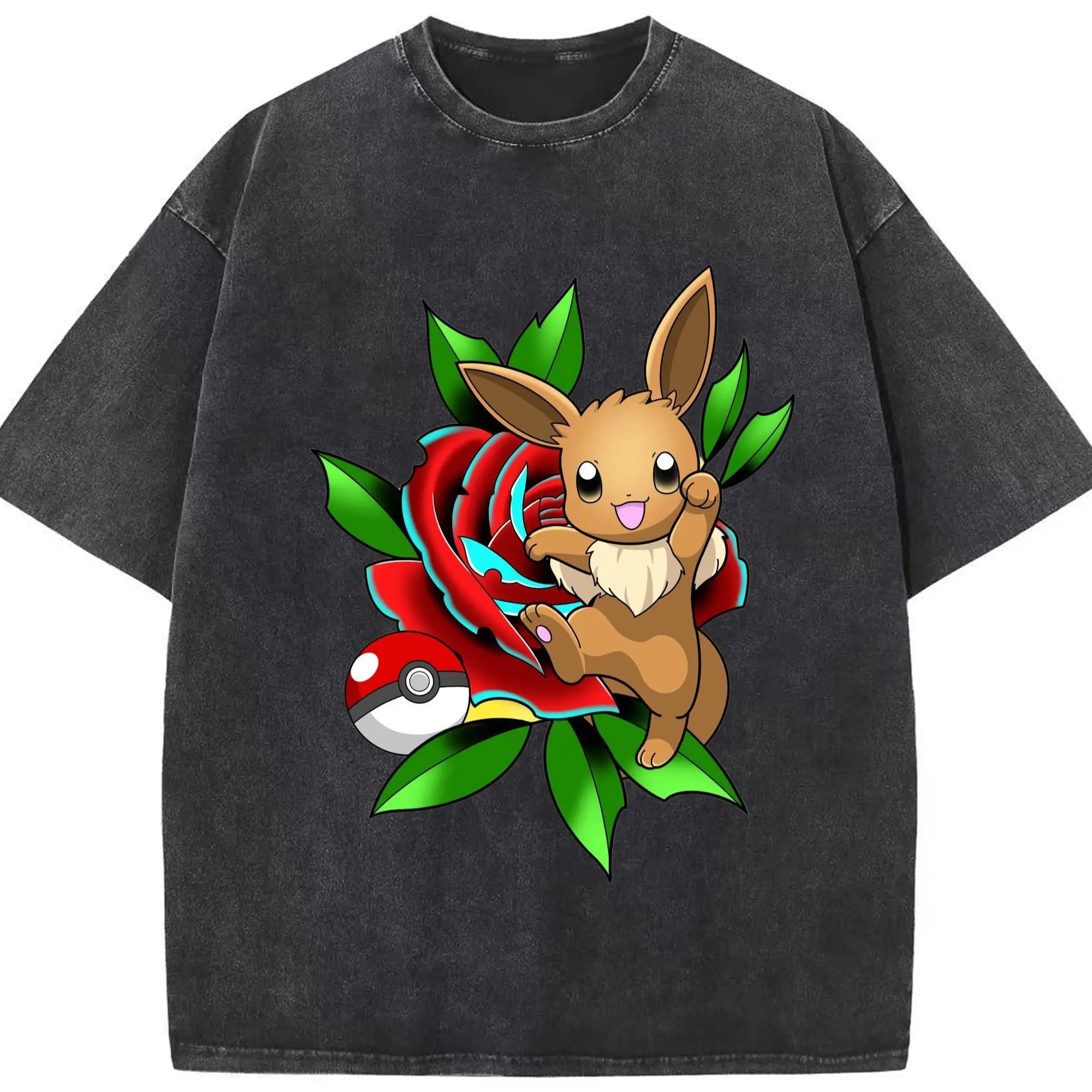 Pokemon Eevee art Tee - Washed Vintage Look 230g Cotton Oversized T-Shirt With Front Heat Transfer Print – Soft, Lightweight, Stylish Fit – Comfortable Casual Wear For Sports & Everyday Use