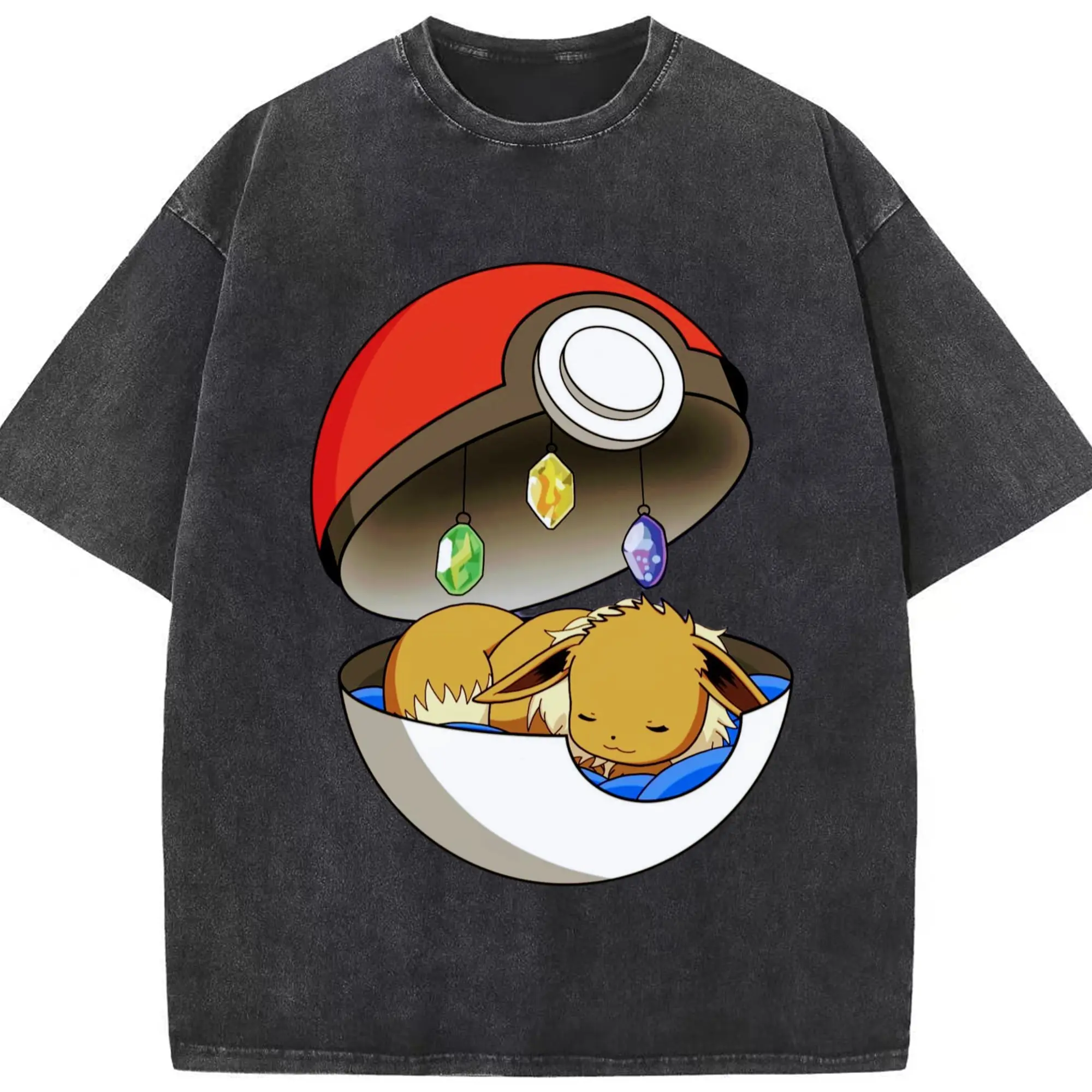 Pokemon eevee classic t-shirt - Washed Vintage Look 230g Cotton Oversized T-Shirt With Front Heat Transfer Print – Soft, Lightweight, Stylish Fit – Comfortable Casual Wear For Sports & Everyday Use
