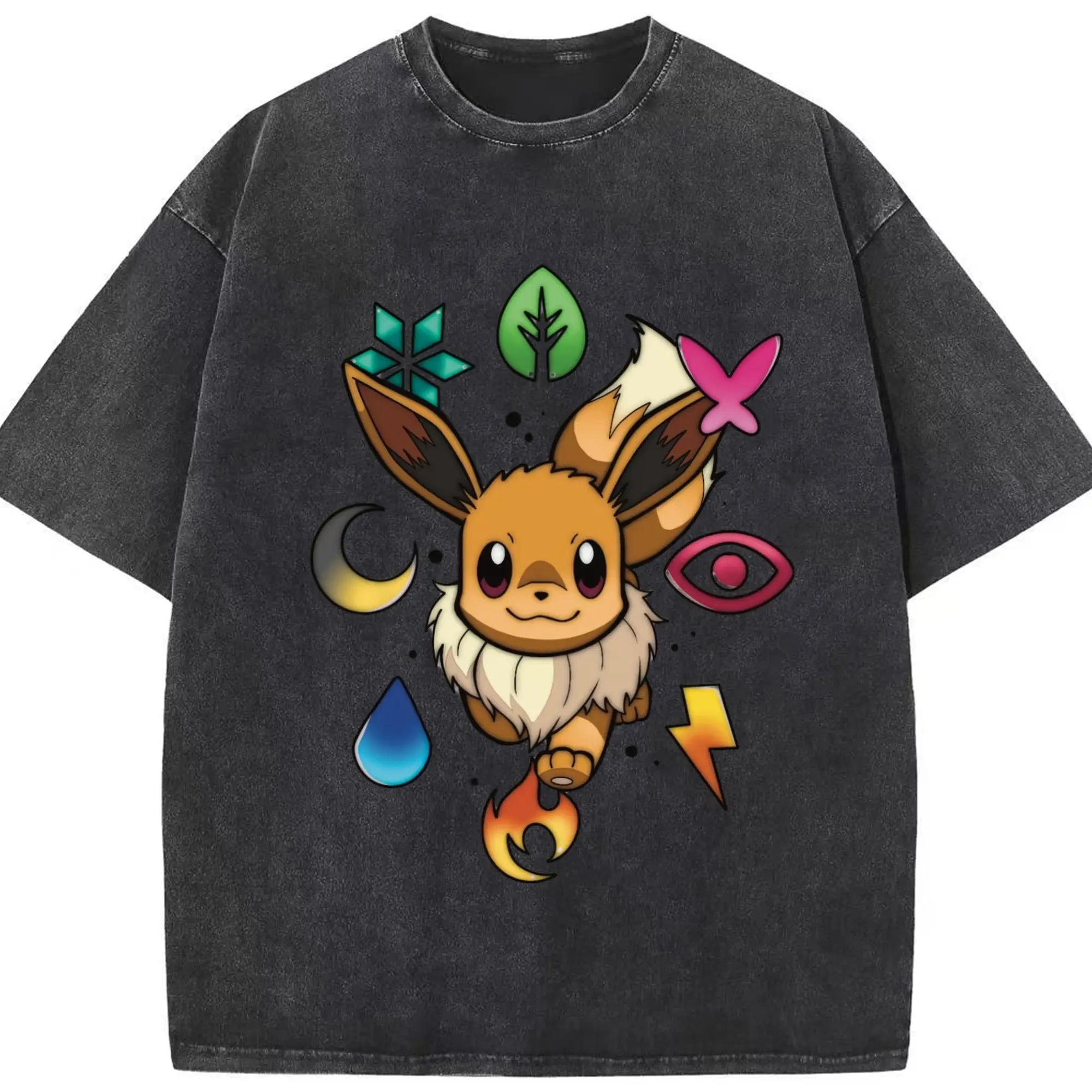 Pokemon Eevee Eeveelution Tee - Washed Vintage Look 230g Cotton Oversized T-Shirt With Front Heat Transfer Print – Soft, Lightweight, Stylish Fit – Comfortable Casual Wear For Sports & Everyday Use