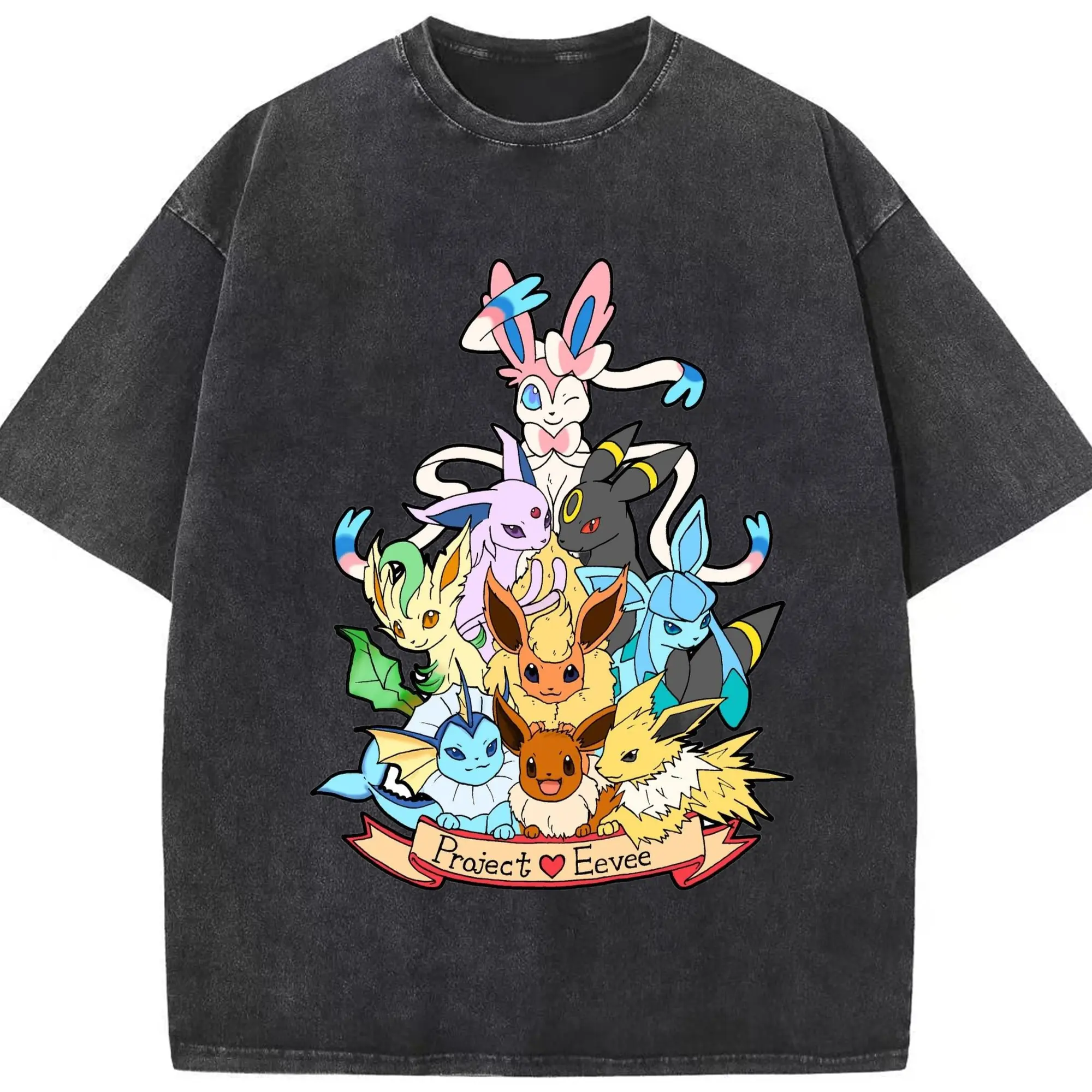 Pokemon Eevee Eeveelution T-Shirt - Washed Vintage Look 230g Cotton Oversized T-Shirt With Front Heat Transfer Print – Soft, Lightweight, Stylish Fit – Comfortable Casual Wear For Sports & Everyday Use