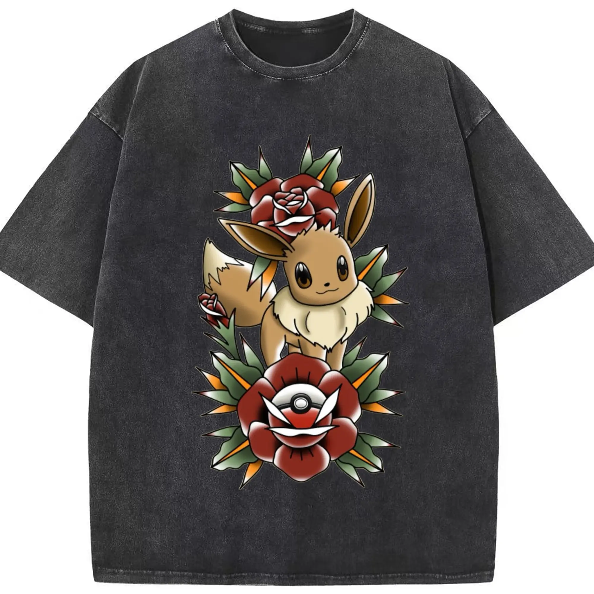Pokemon Eevee graohic Tee - Washed Vintage Look 230g Cotton Oversized T-Shirt With Front Heat Transfer Print – Soft, Lightweight, Stylish Fit – Comfortable Casual Wear For Sports & Everyday Use