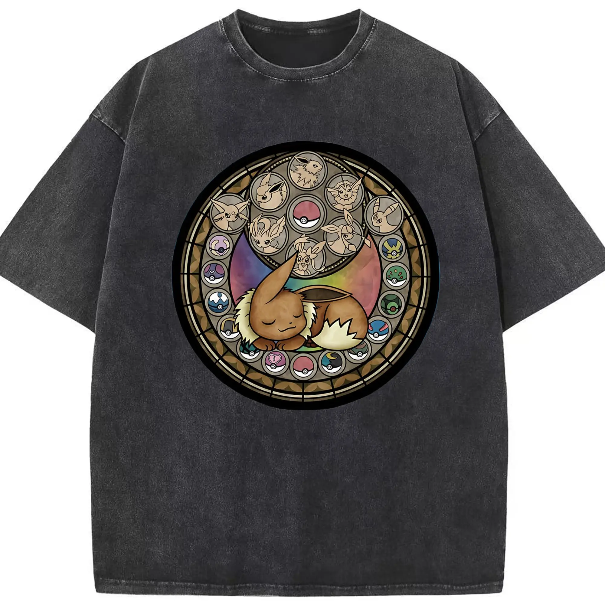 Pokemon Eevee icon T-Shirt - Washed Vintage Look 230g Cotton Oversized T-Shirt With Front Heat Transfer Print – Soft, Lightweight, Stylish Fit – Comfortable Casual Wear For Sports & Everyday Use