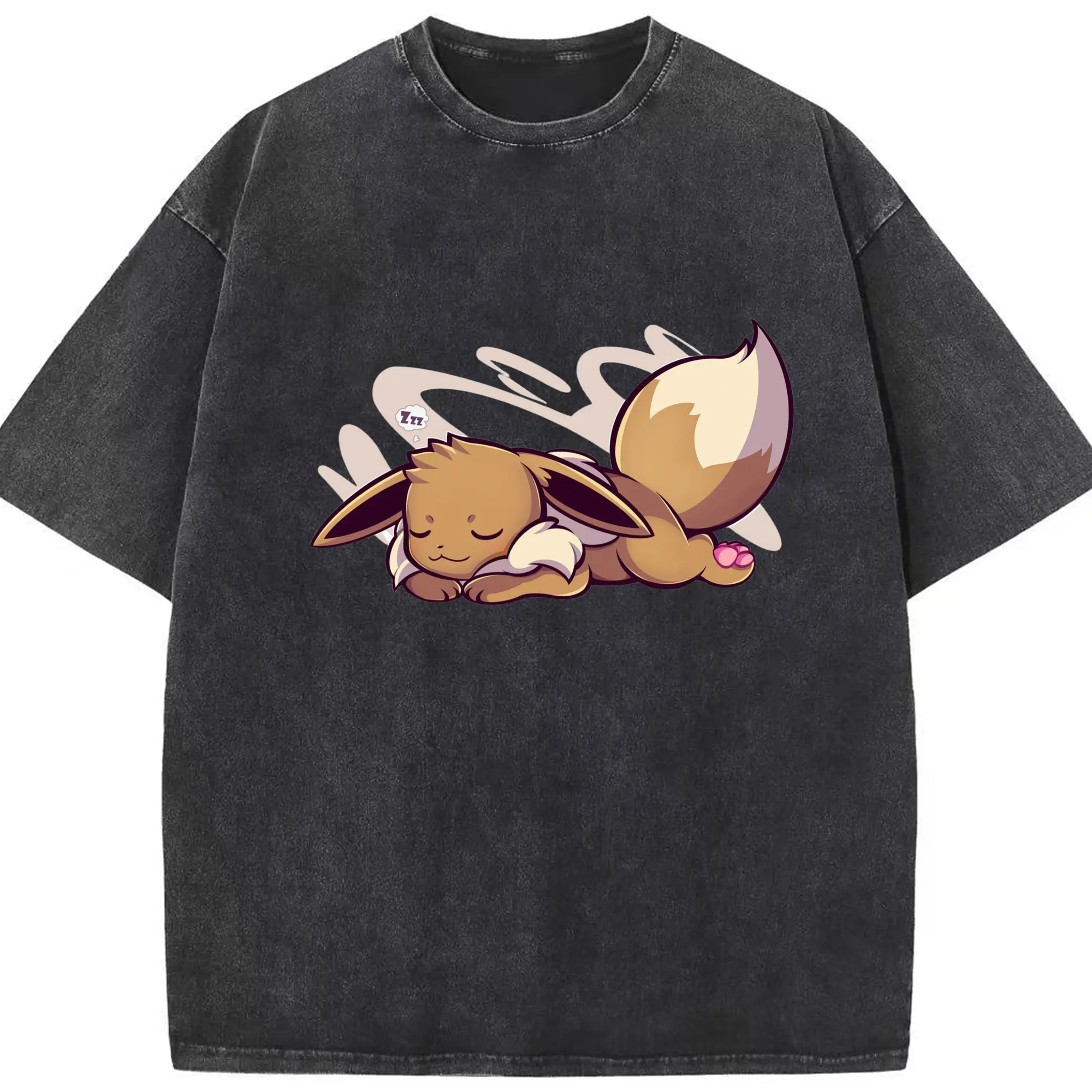 Pokemon Eevee sleeping Tee - Washed Vintage Look 230g Cotton Oversized T-Shirt With Front Heat Transfer Print – Soft, Lightweight, Stylish Fit – Comfortable Casual Wear For Sports & Everyday Use