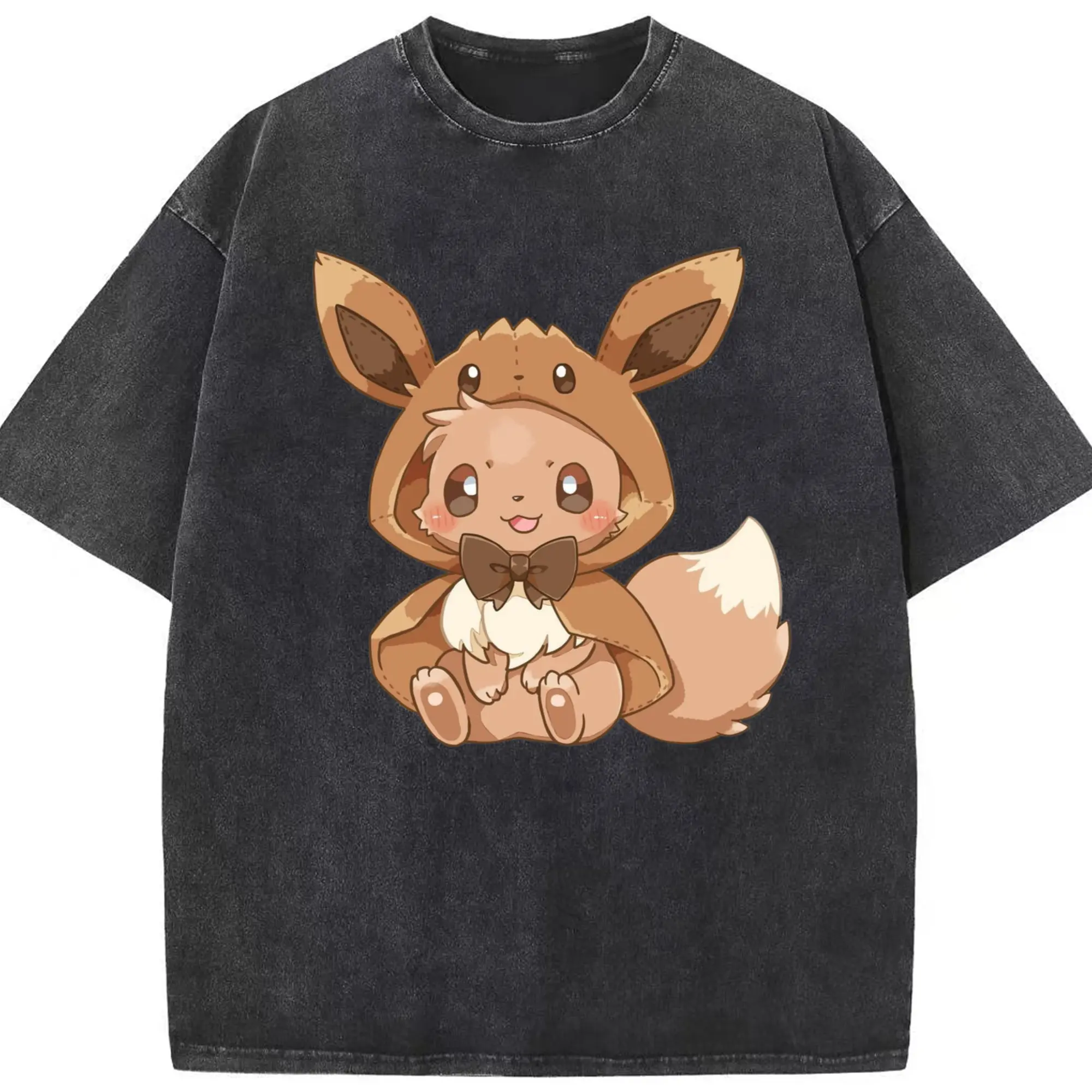 Pokemon Eevee T-shirt - Washed Vintage Look 230g Cotton Oversized T-Shirt With Front Heat Transfer Print – Soft, Lightweight, Stylish Fit – Comfortable Casual Wear For Sports & Everyday Use