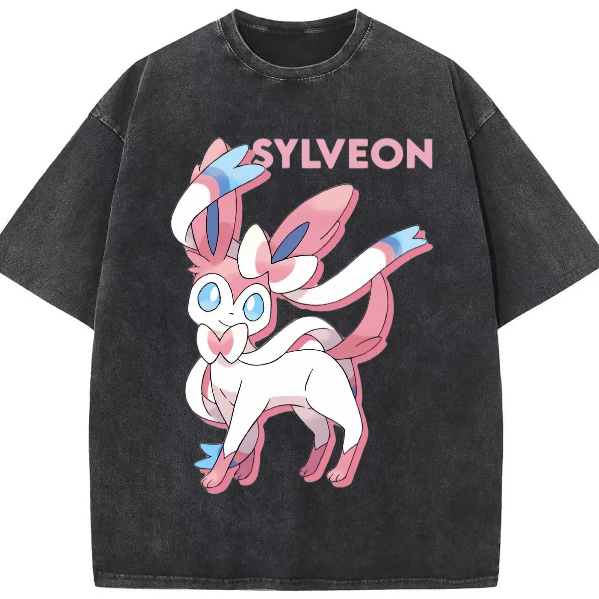 Girls pokemon sylveon t shirt - Washed Vintage Look 230g Cotton Oversized T-Shirt With Front Heat Transfer Print – Soft, Lightweight, Stylish Fit – Comfortable Casual Wear For Sports & Everyday Use
