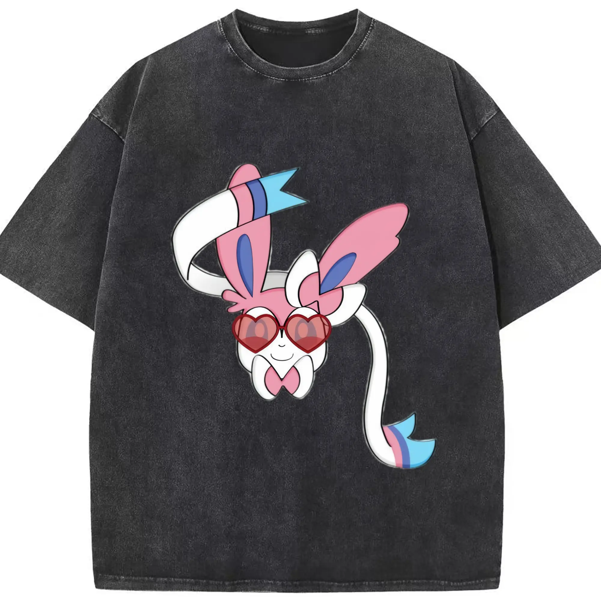Girls sylveon face shirt​ - Washed Vintage Look 230g Cotton Oversized T-Shirt With Front Heat Transfer Print – Soft, Lightweight, Stylish Fit – Comfortable Casual Wear For Sports & Everyday Use