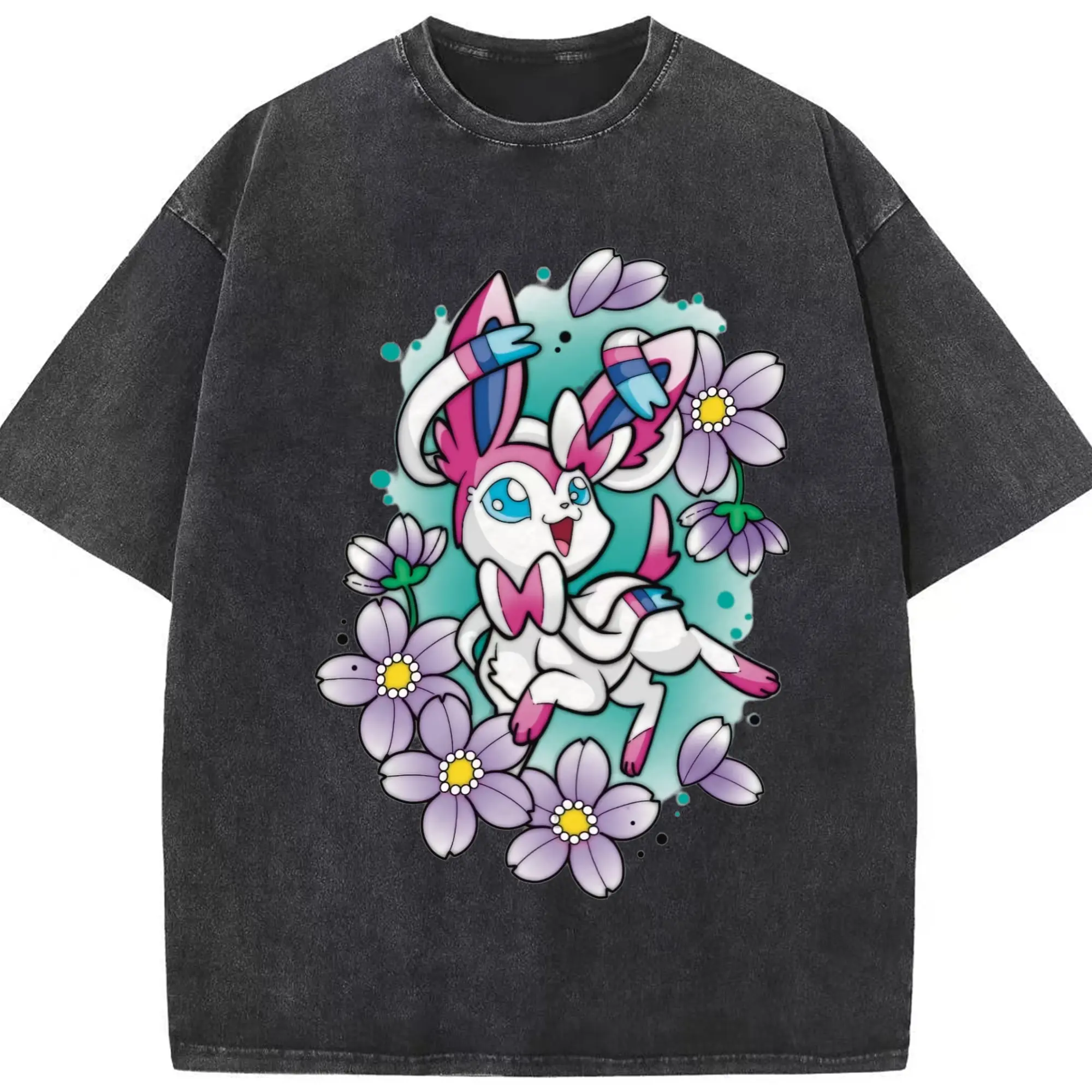 Pokemon sylveon art graphic shirt - Washed Vintage Look 230g Cotton Oversized T-Shirt With Front Heat Transfer Print – Soft, Lightweight, Stylish Fit – Comfortable Casual Wear For Sports & Everyday Use