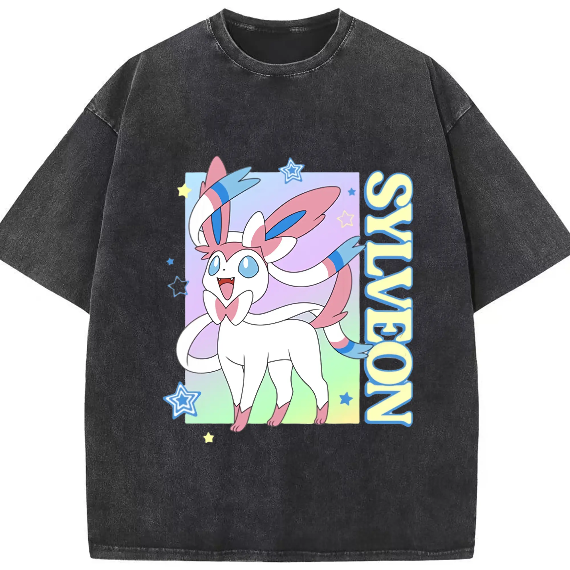Pokemon sylveon classic t shirt - Washed Vintage Look 230g Cotton Oversized T-Shirt With Front Heat Transfer Print – Soft, Lightweight, Stylish Fit – Comfortable Casual Wear For Sports & Everyday Use